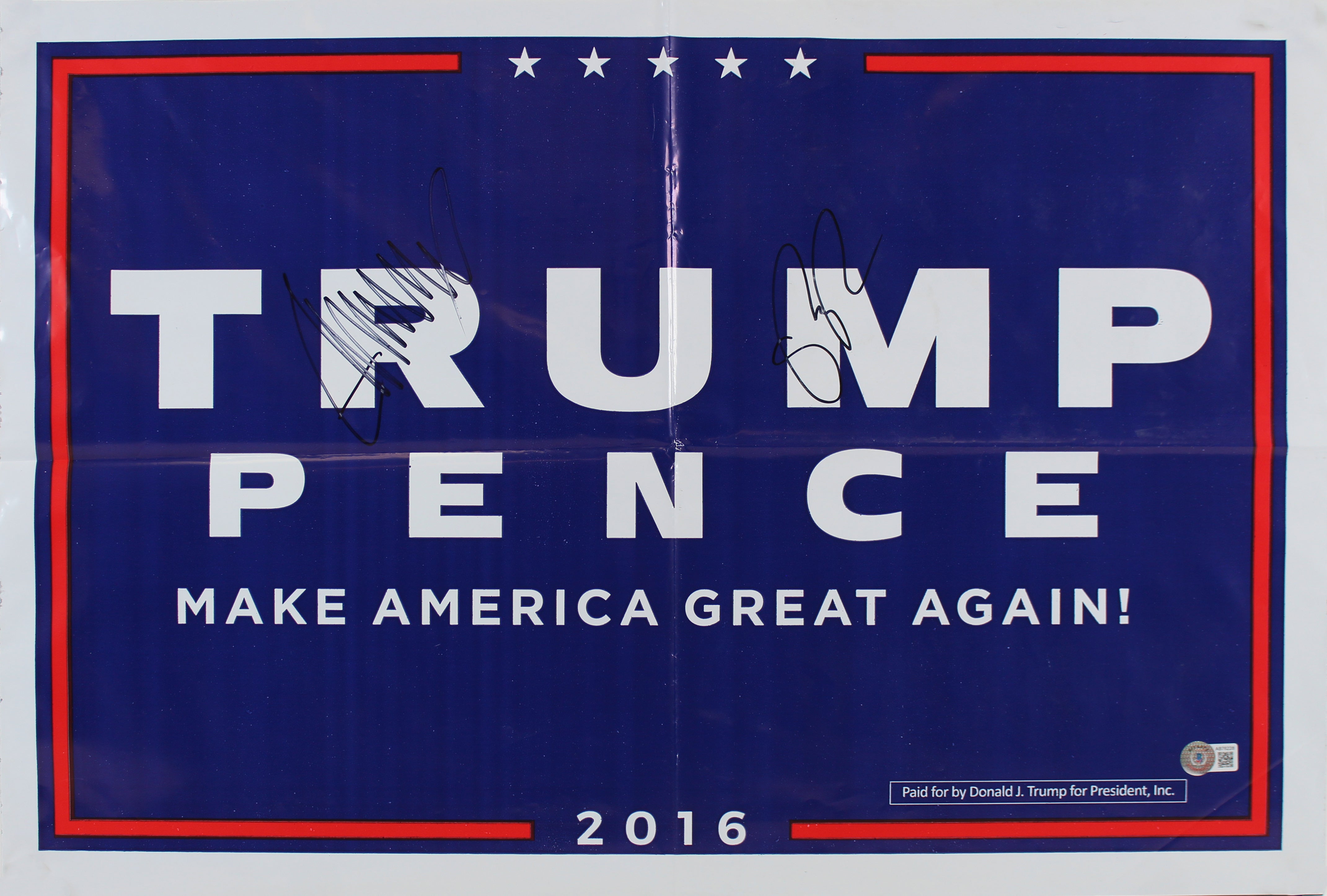Donald Trump & Mike Pence Authentic Signed 16x23.5 Campaign Poster BAS #AB76228