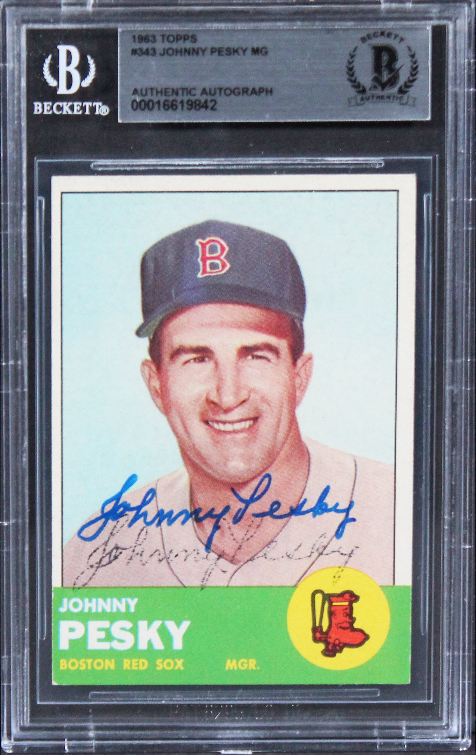 Red Sox Johnny Pesky Authentic Signed 1963 Topps #343 Card BAS Slabbed