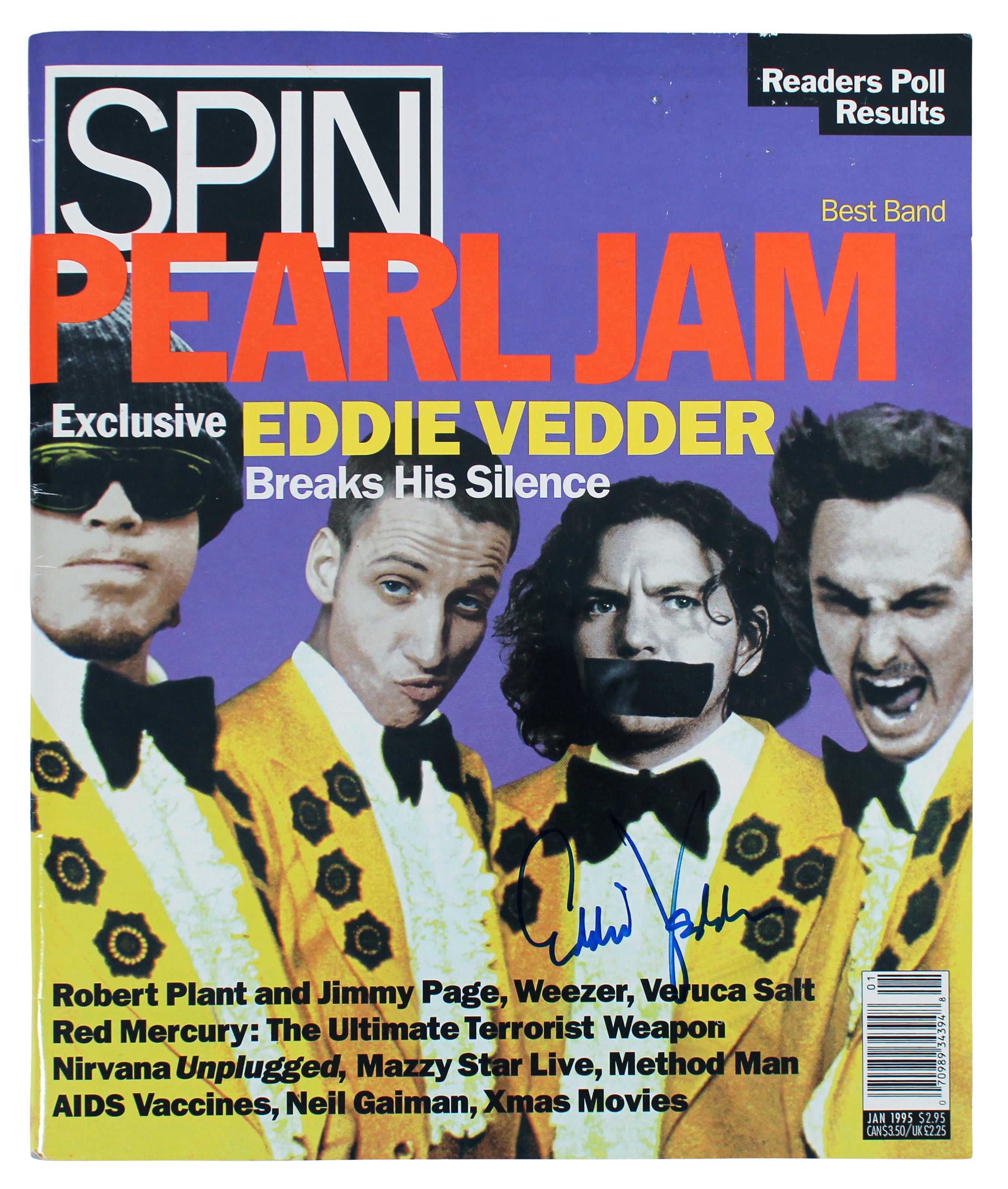 Eddie Vedder Pearl Jam Authentic Signed January 1995 Spin Magazine BAS #AB14583