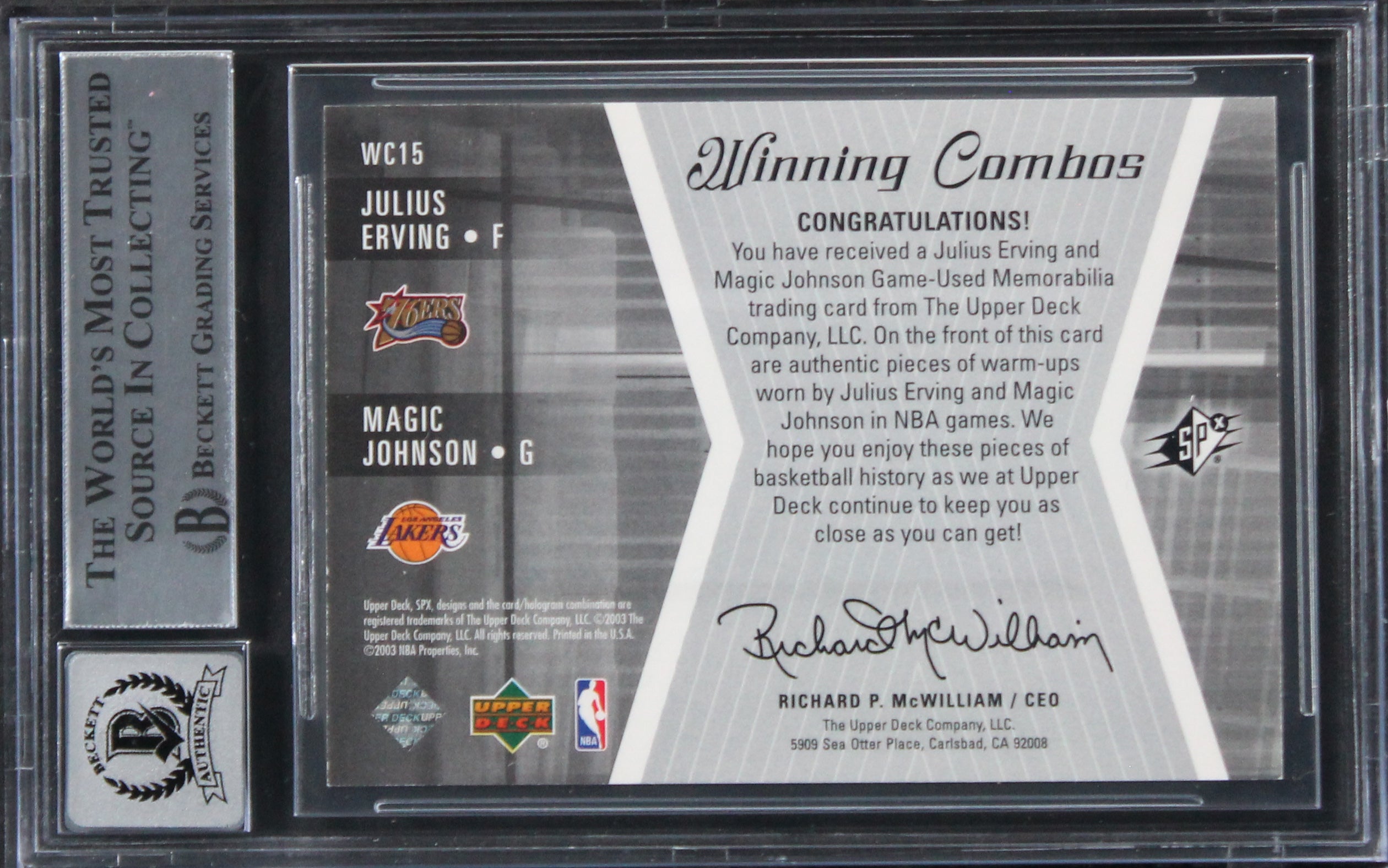 Magic Johnson & Julius Erving Signed 2003 SPX WMC #WC15 Card Auto 10! BAS Slab