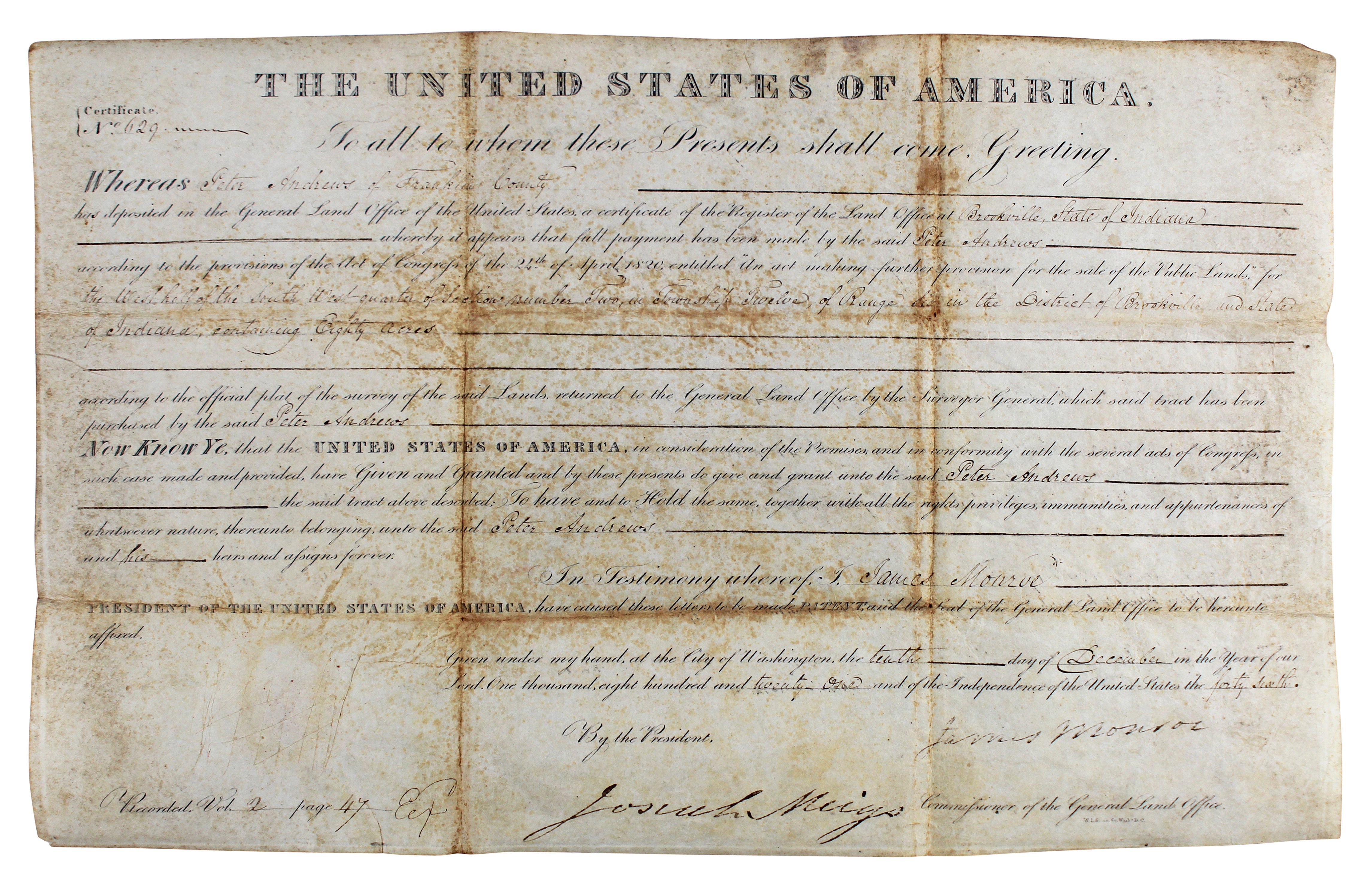James Monroe Authentic Signed 9.75x16 1821 Land Grant Document BAS #AB14562
