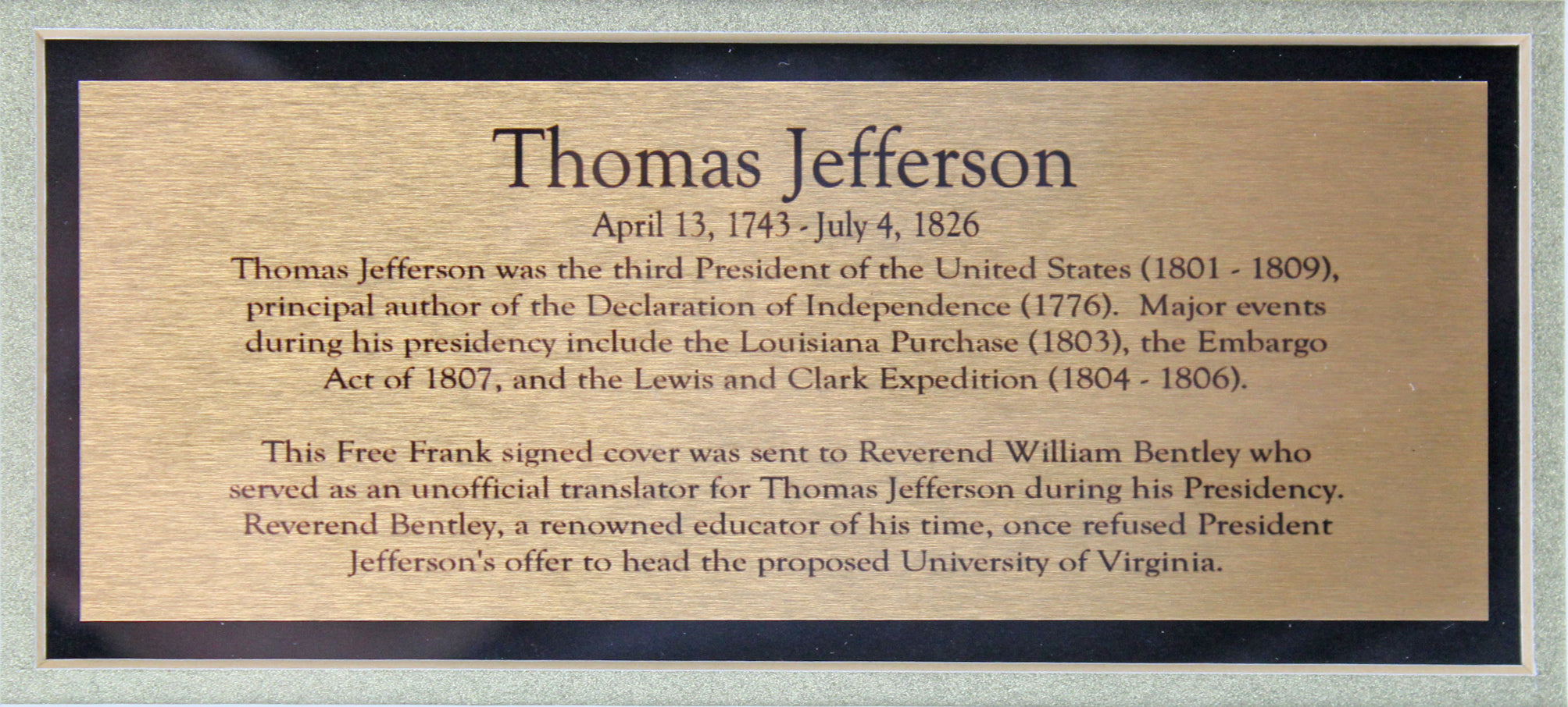 Thomas Jefferson Signed & Framed 7.75x9.75 Handwritten Free Frank Graded 9! BAS