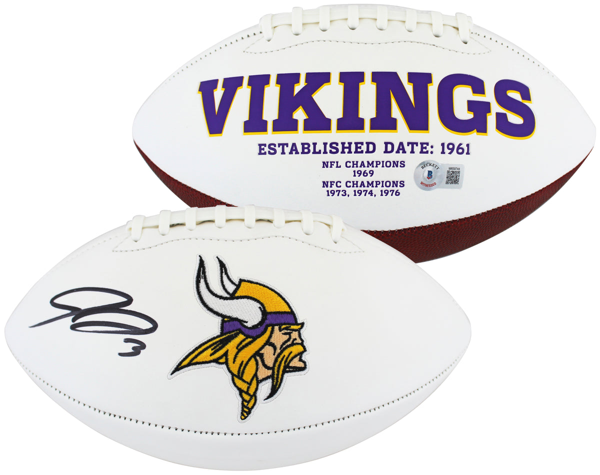 Vikings Jordan Addison Signed White Panel Logo Football W/ Case BAS Witnessed