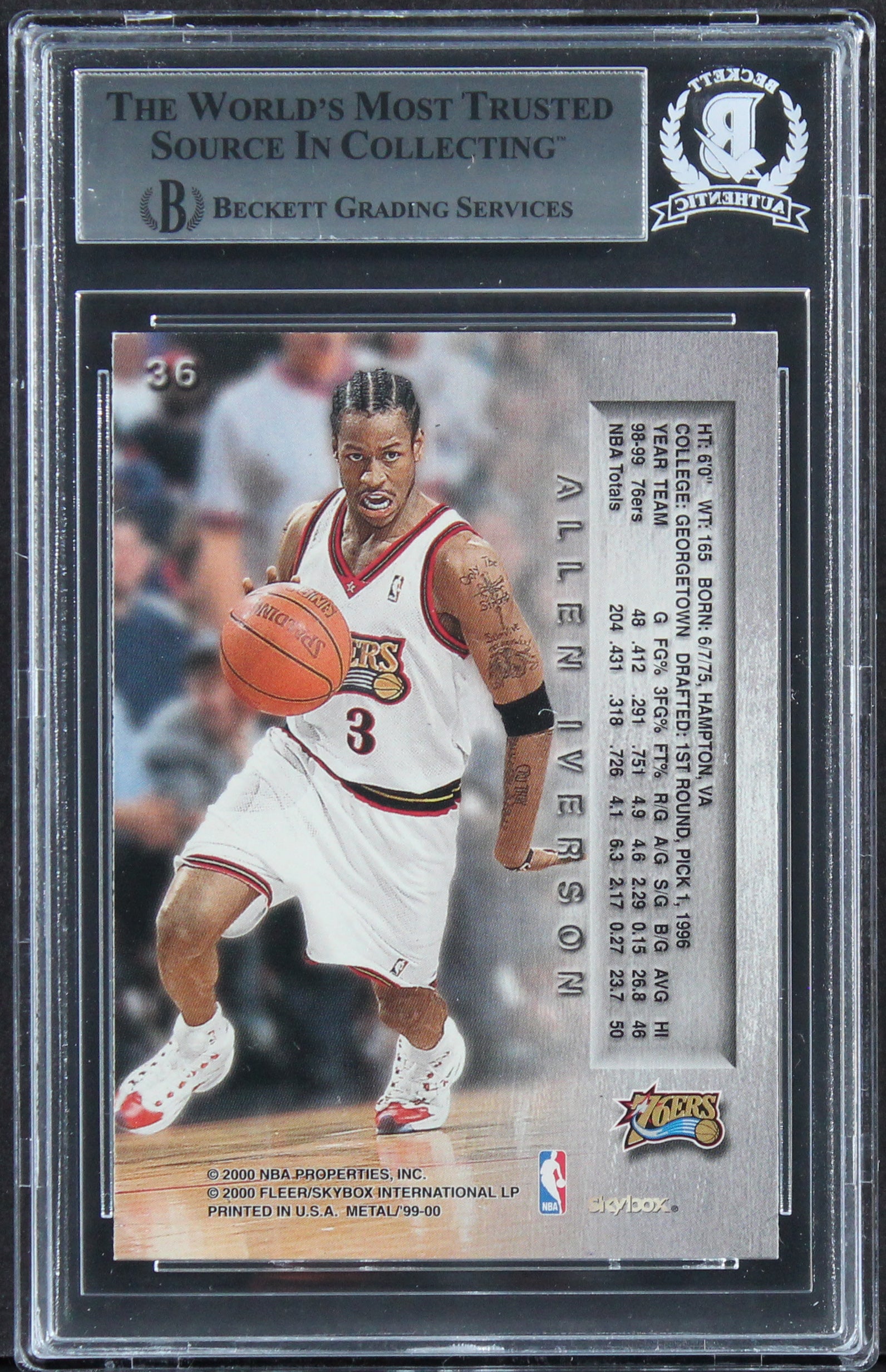 76ers Allen Iverson Authentic Signed 1999 Metal #36 Card BAS Slabbed 2