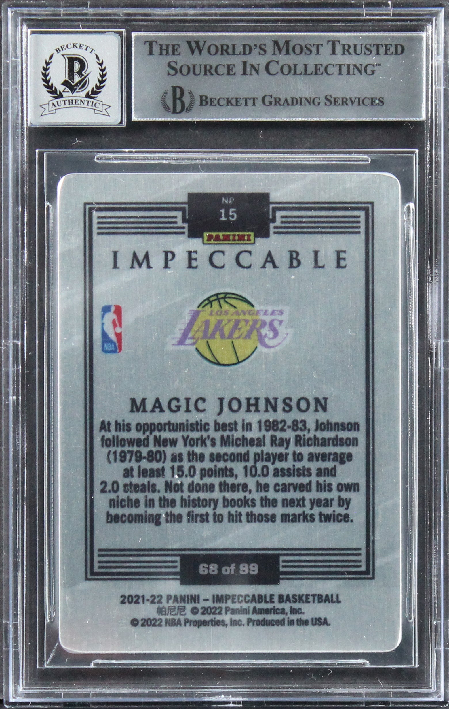 Magic Johnson Signed 2021 Panini Impeccable SS #15 #68/99 Card Auto 10! BAS Slab