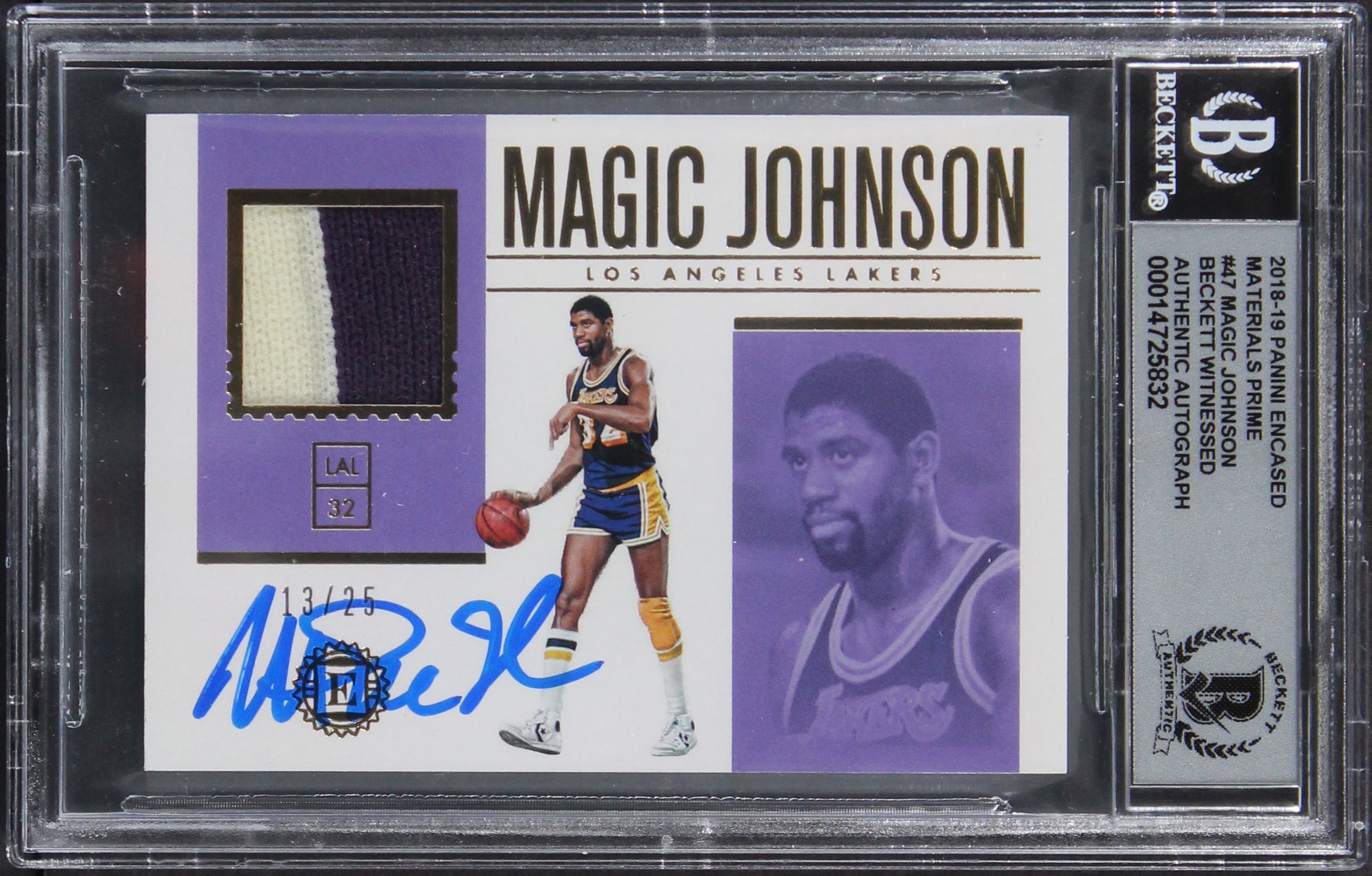 Magic Johnson Signed '18 Panini Encased Mat Prime 47 13/25 Card Auto 10 BAS Slab