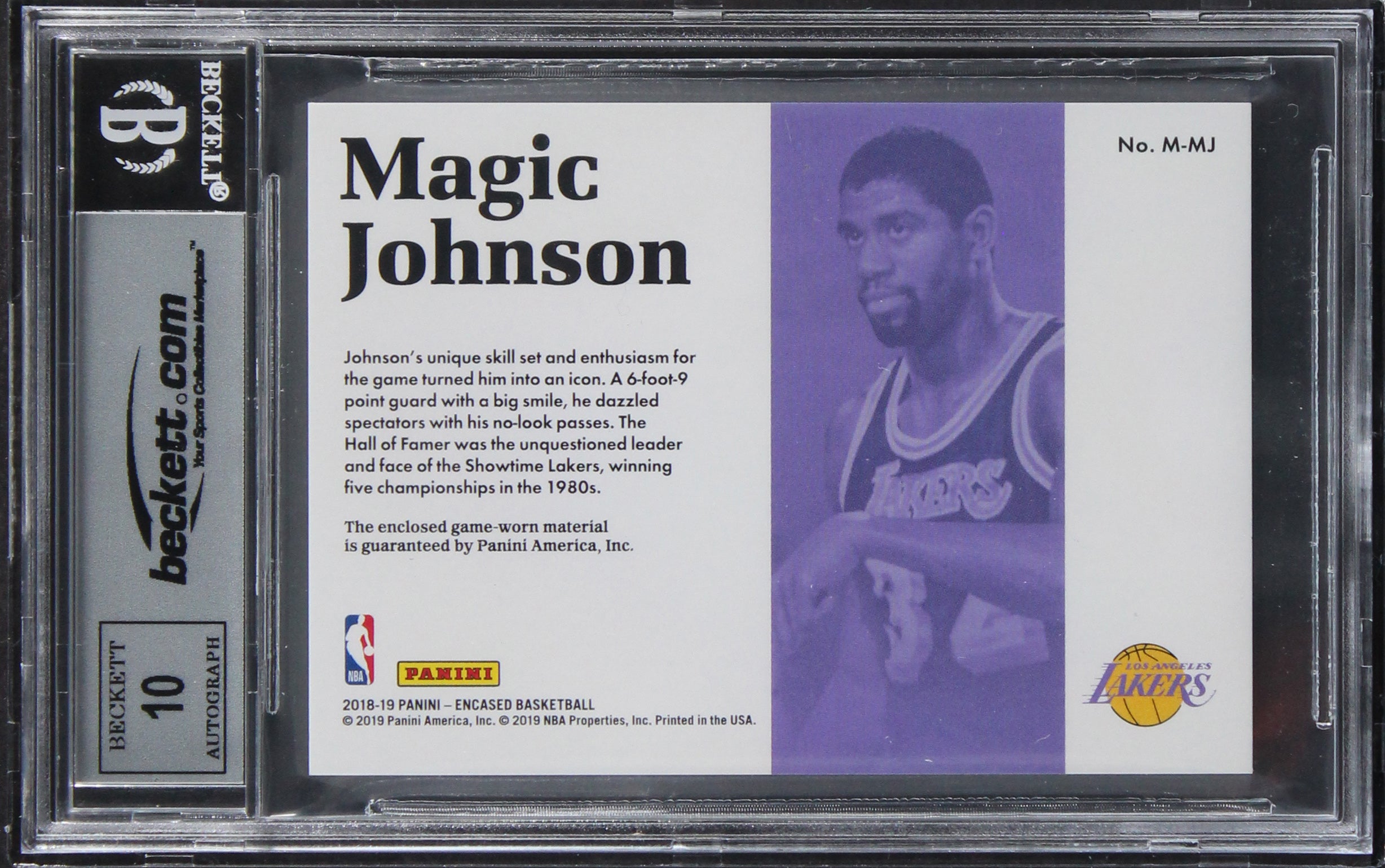 Magic Johnson Signed '18 Panini Encased Mat Prime 47 13/25 Card Auto 10 BAS Slab