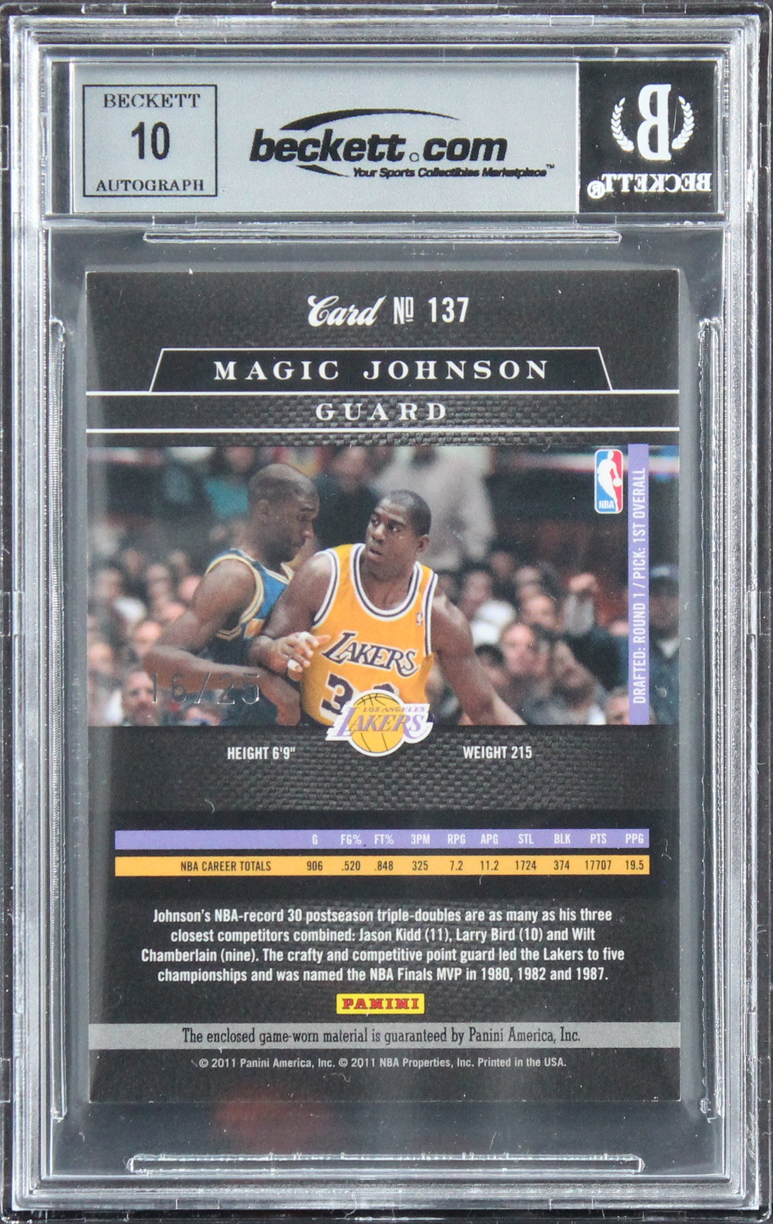 Magic Johnson Signed 2010 Elite Black Box Materials #137 Card Auto 10! BAS Slab