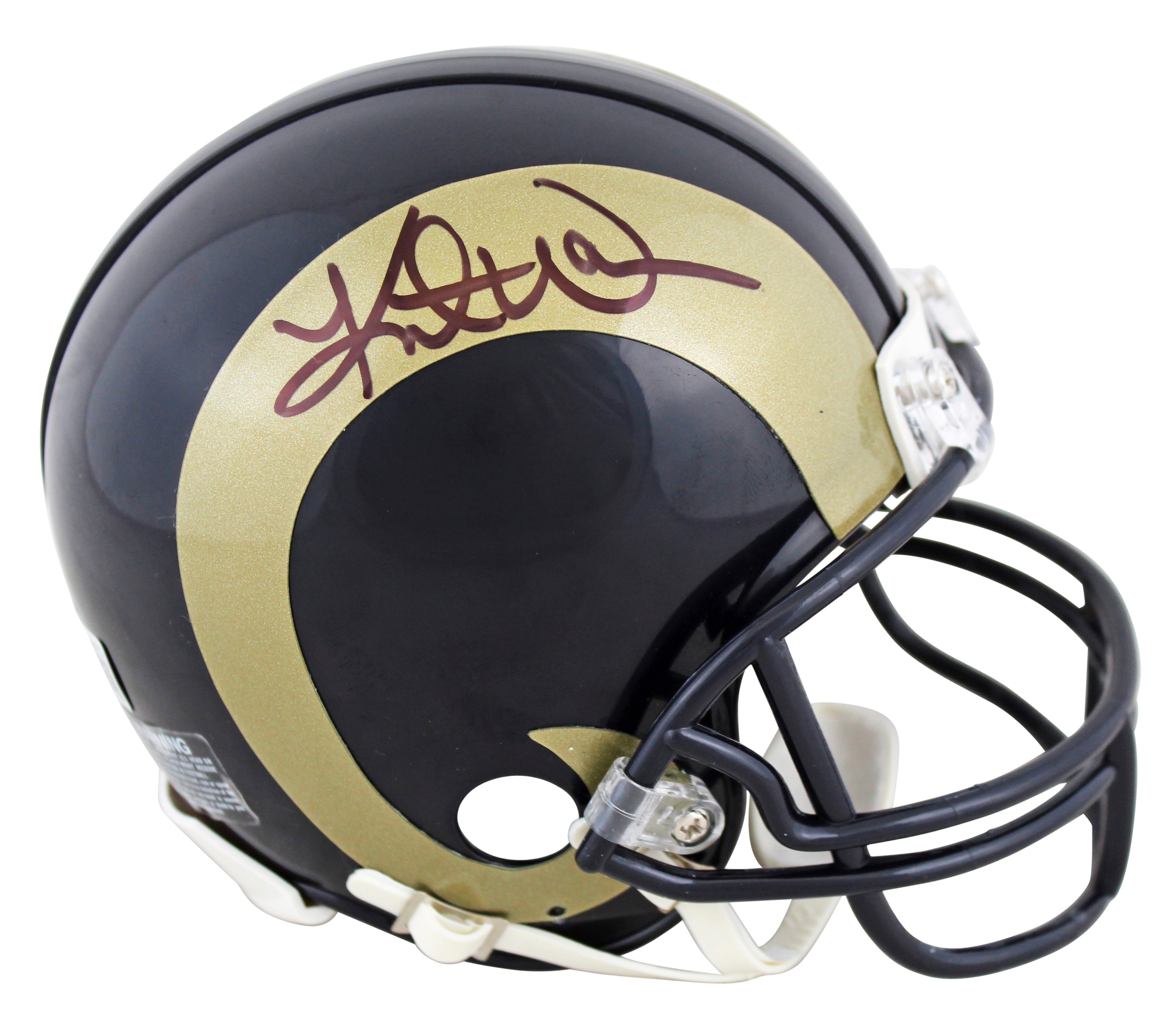 Rams Kurt Warner Authentic Signed Gold Horn Rep Mini Helmet BAS Witnessed
