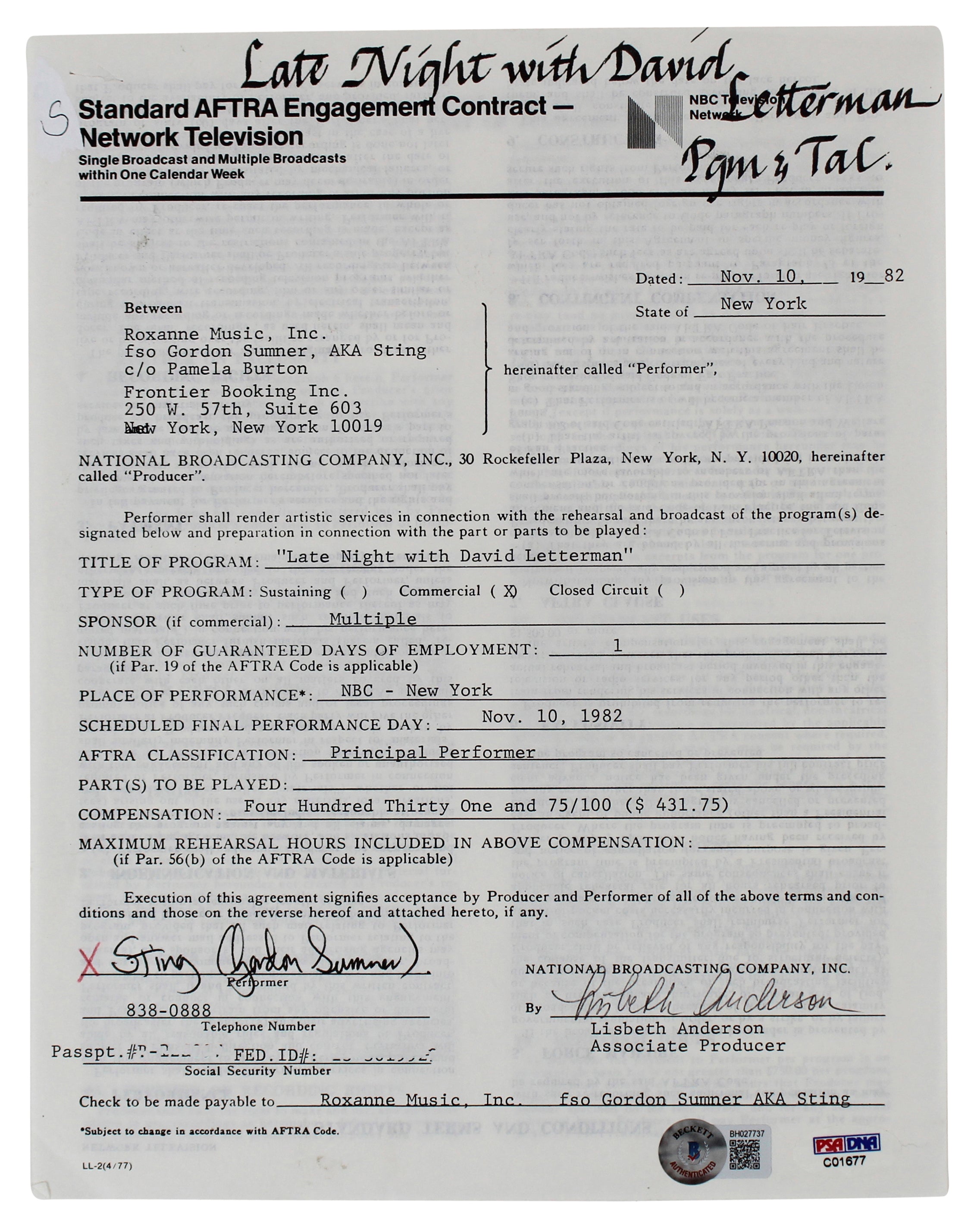 Sting Signed 8.5x11 1982 Late Night With David Letterman Contract BAS #BH027737