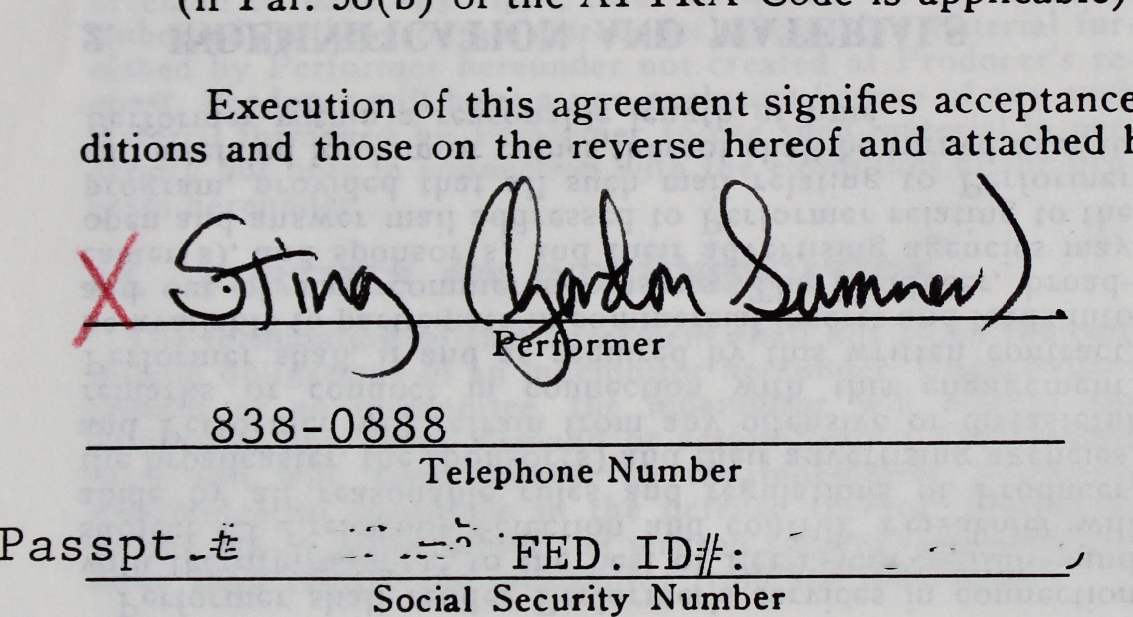 Sting Signed 8.5x11 1982 Late Night With David Letterman Contract BAS #BH027737