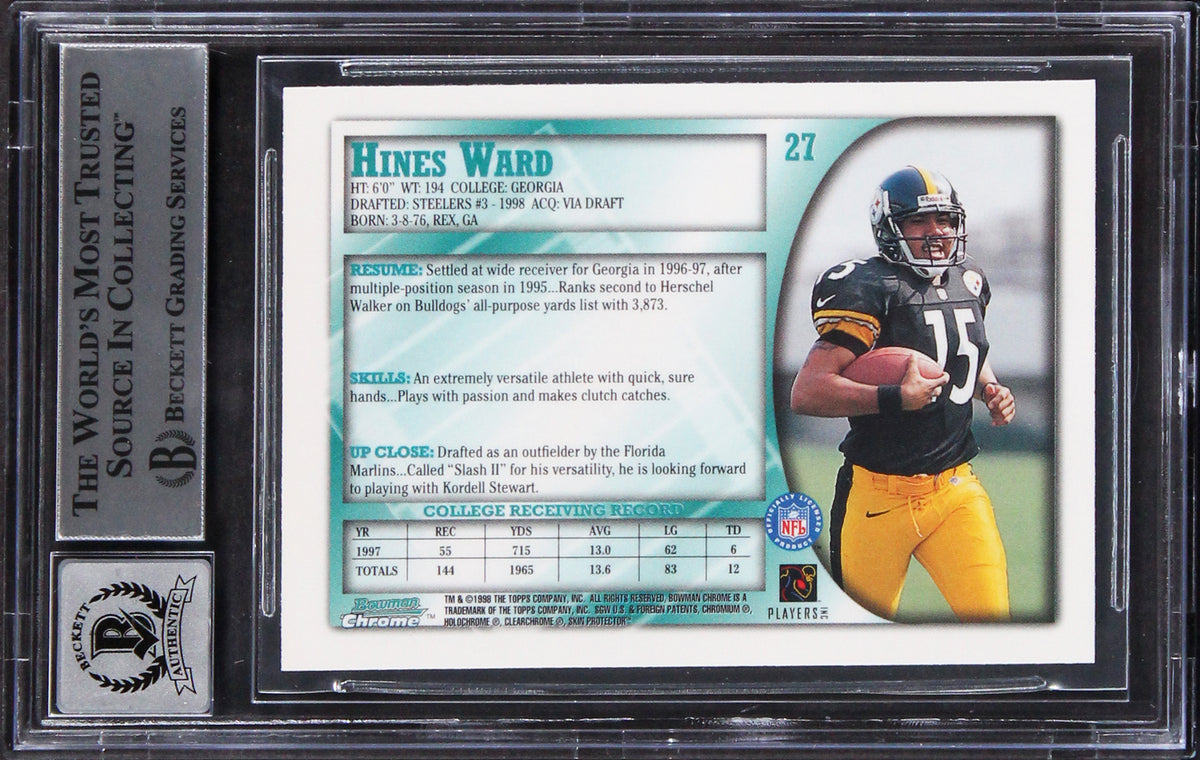 Steelers Hines Ward Signed 1998 Bowman's Chrome #27 Rookie Card Auto 10 BAS Slab
