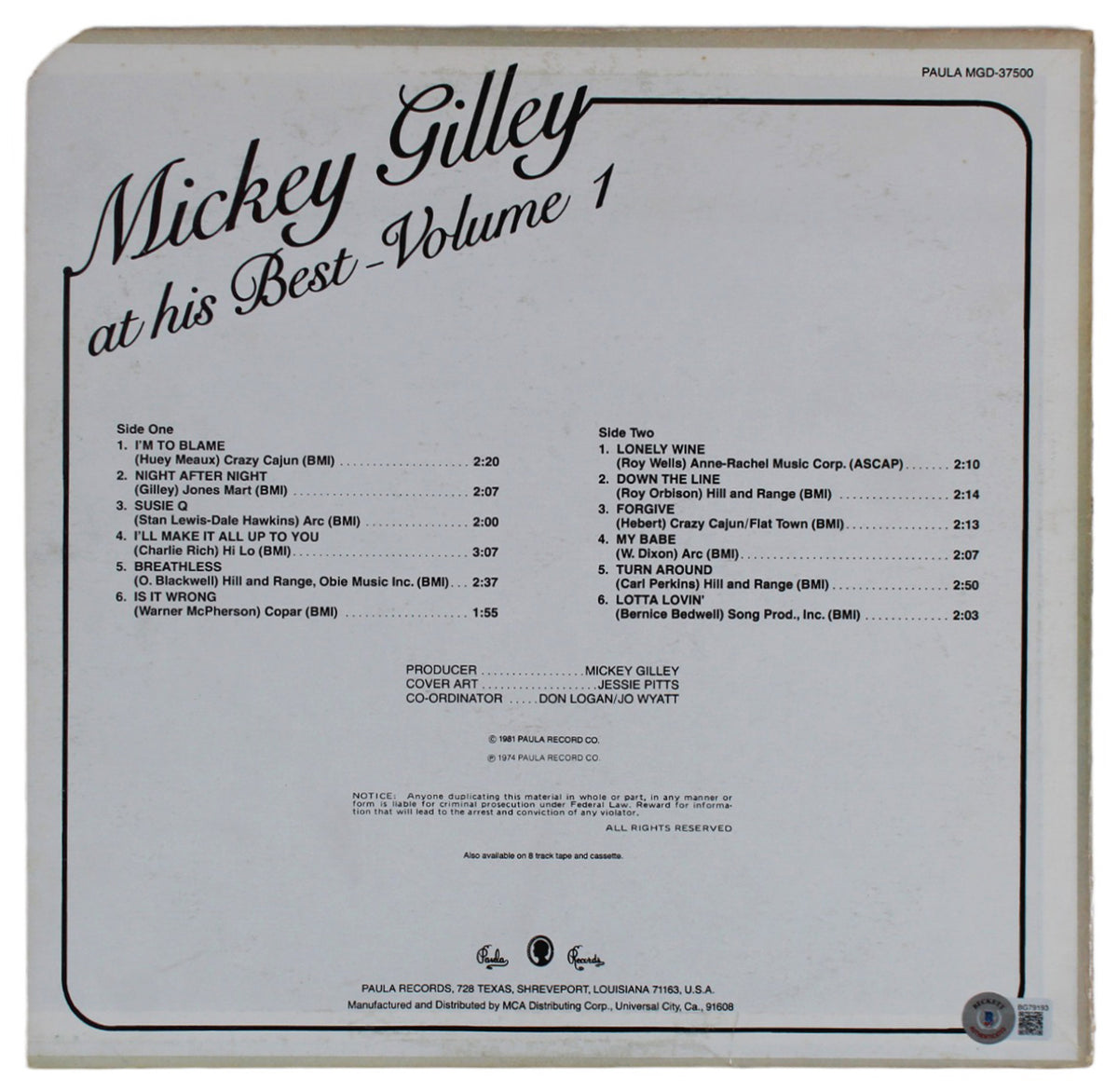 Mickey Gilley Authentic Signed At His Best Volume 1 Album Cover BAS #BG79193