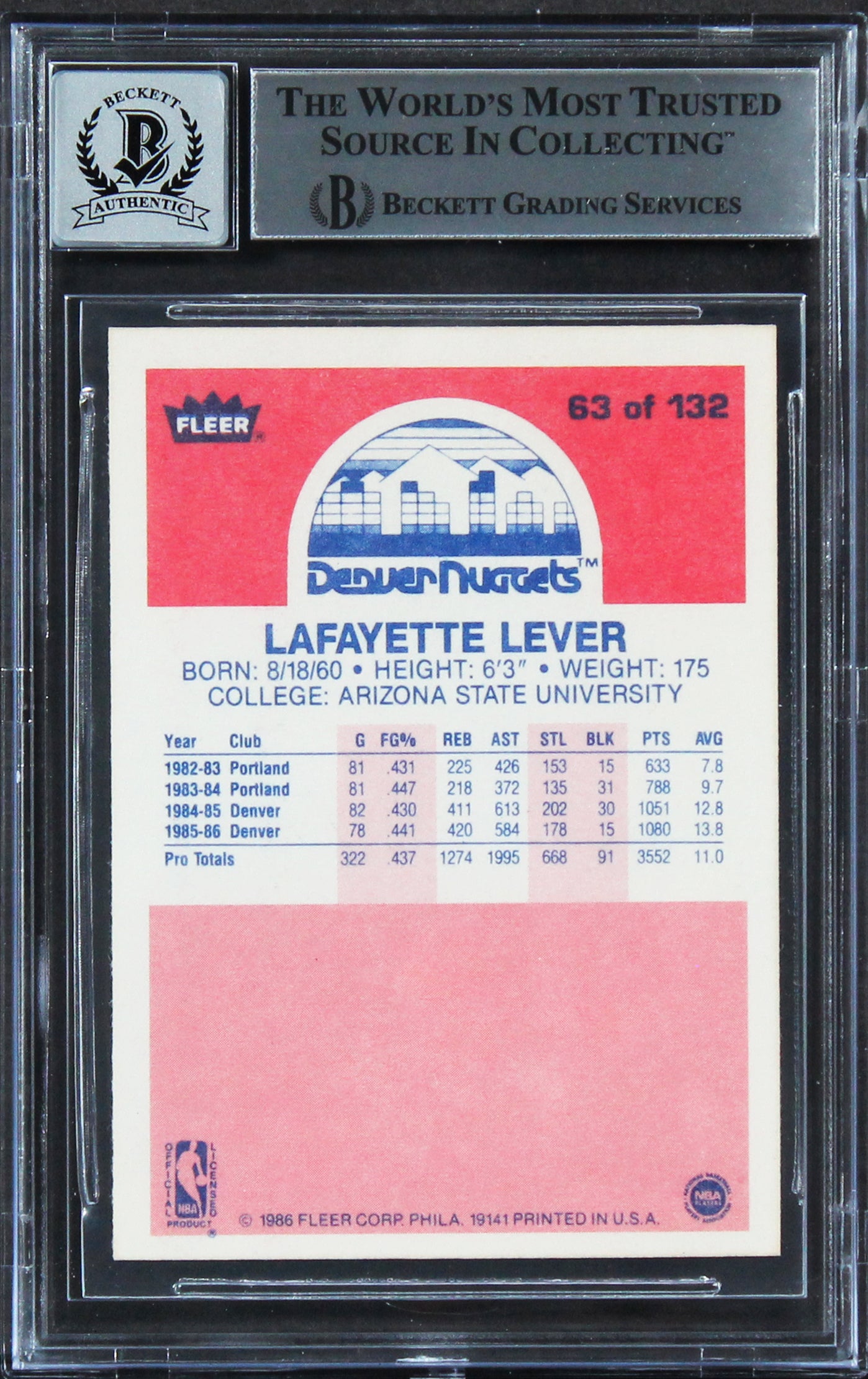 Lafayette "Fat" Lever "2x All Star" Signed 1986 Fleer #63 Card Auto 10! BAS Slab