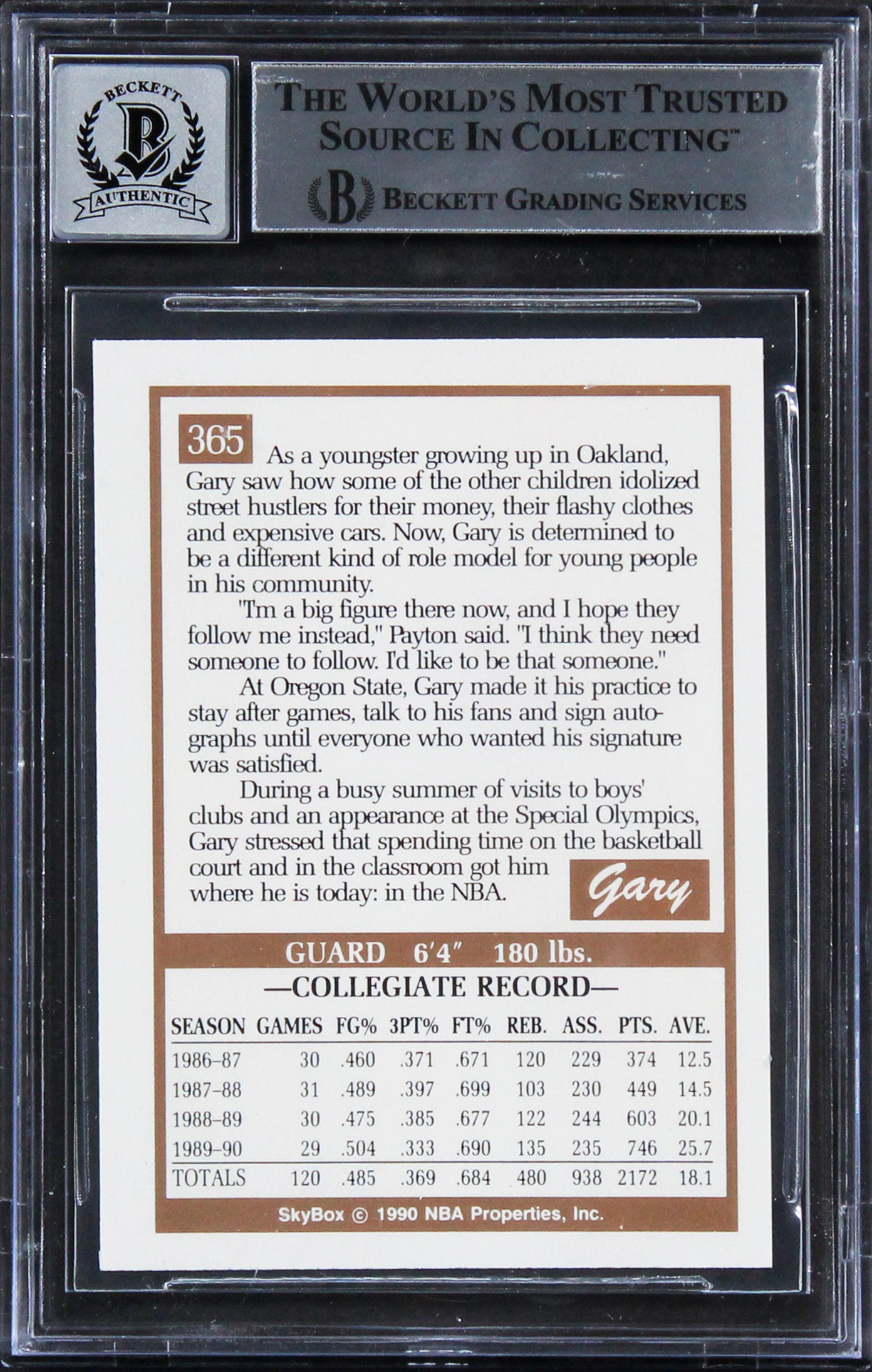 Sonics Gary Payton Signed 1990 Skybox #365 Rookie Card Auto 10! BAS Slabbed