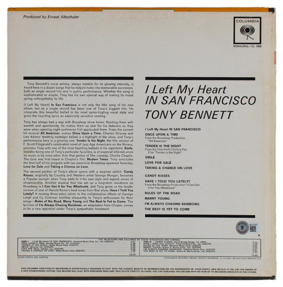 Tony Bennett Signed I Left My Heart In San Francisco Album Cover BAS #BG79182