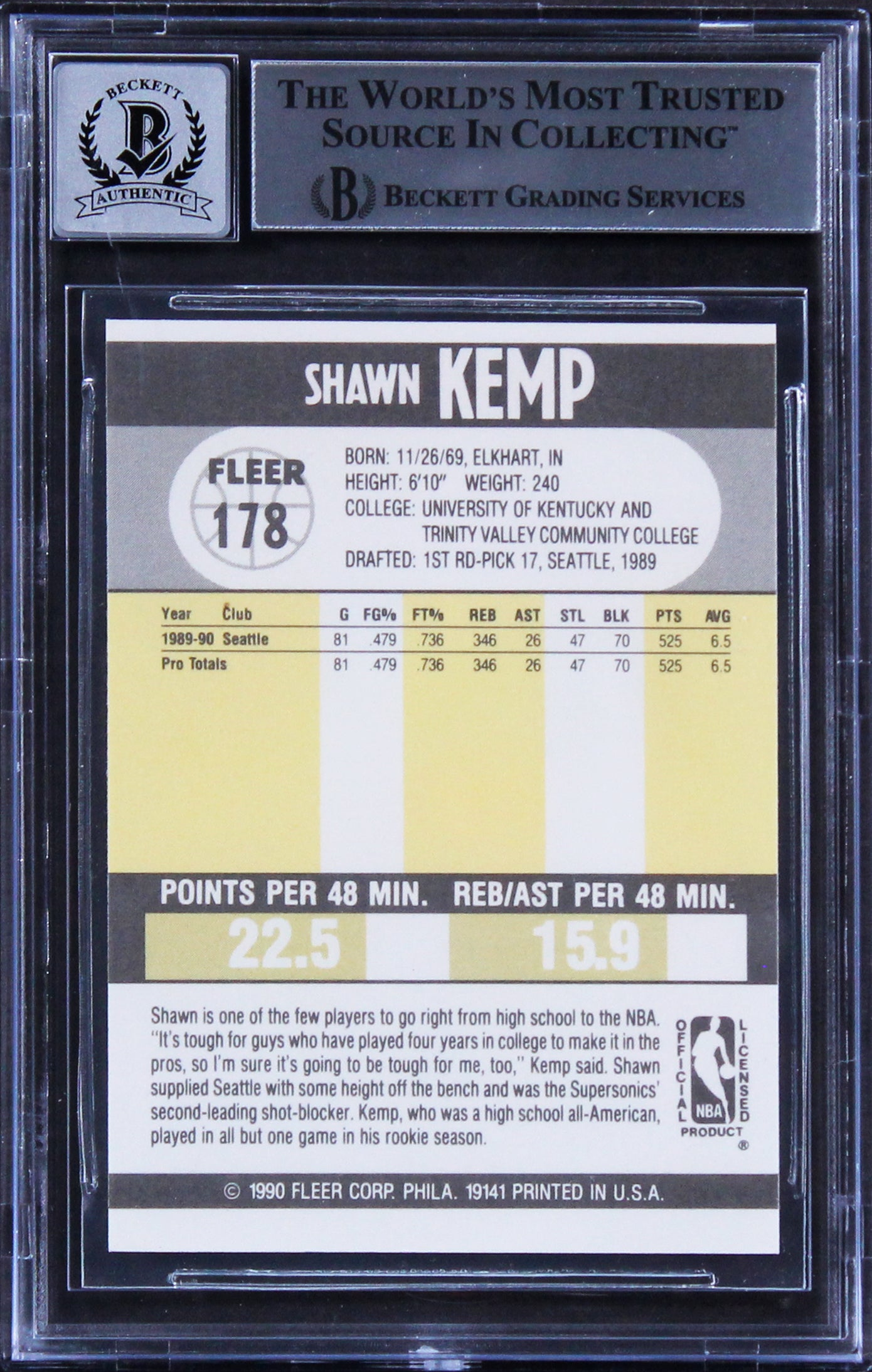 Sonics Shawn Kemp Signed 1990 Fleer #178 Rookie Card Auto 10! BAS Slabbed
