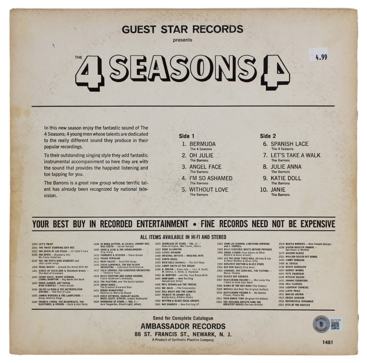 Frankie Valli The 4 Seasons Signed The Barrons Sing Album Cover BAS #BG79180