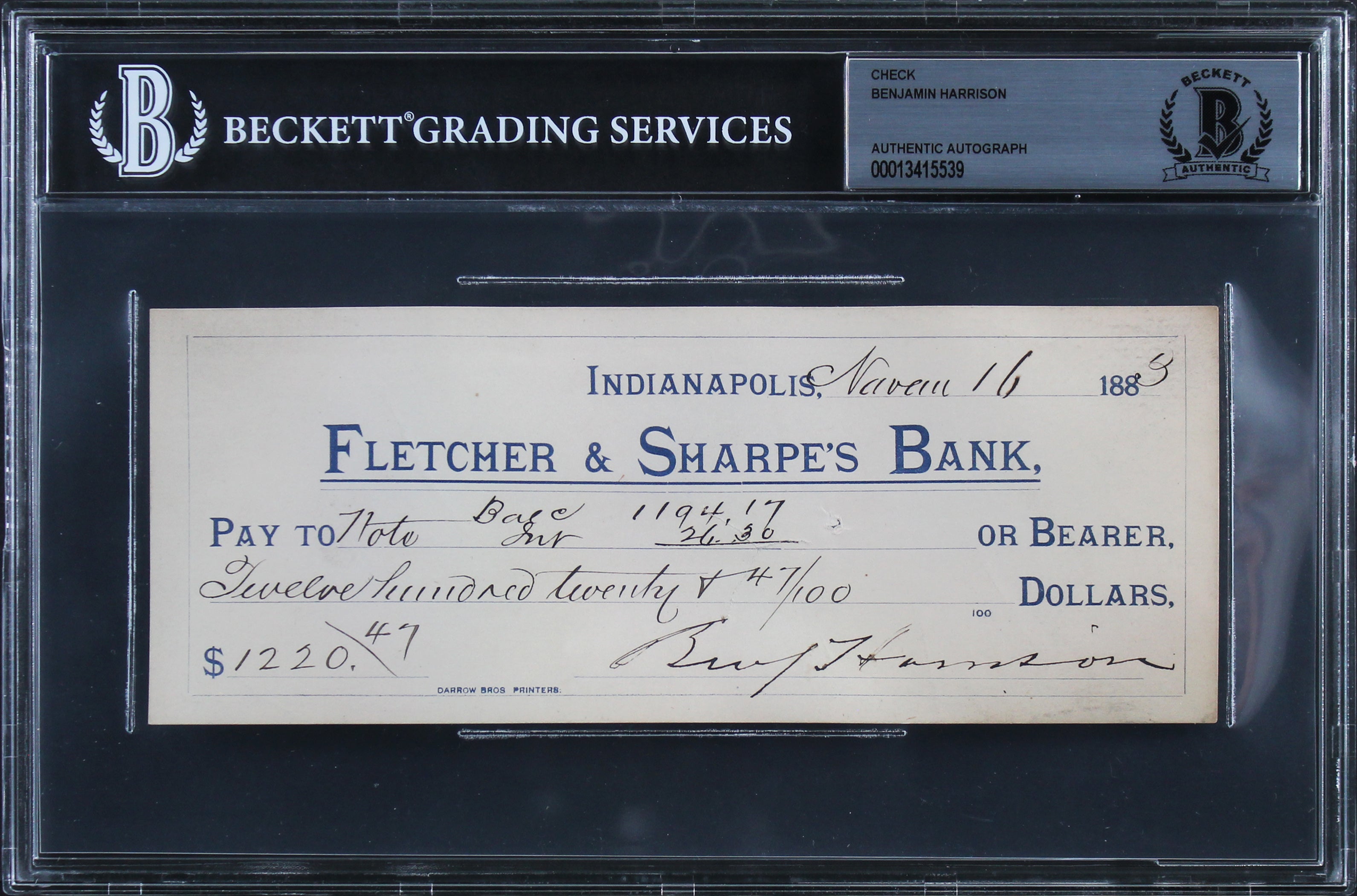 Benjamin Harrison Authentic Signed 2.75x7.25 1883 Check Autographed BAS Slabbed