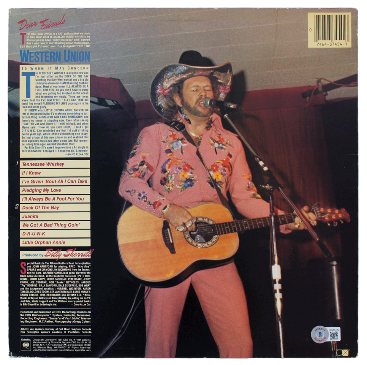 David Allan Coe Authentic Signed Tennessee Whisky Album Cover BAS #BG79174