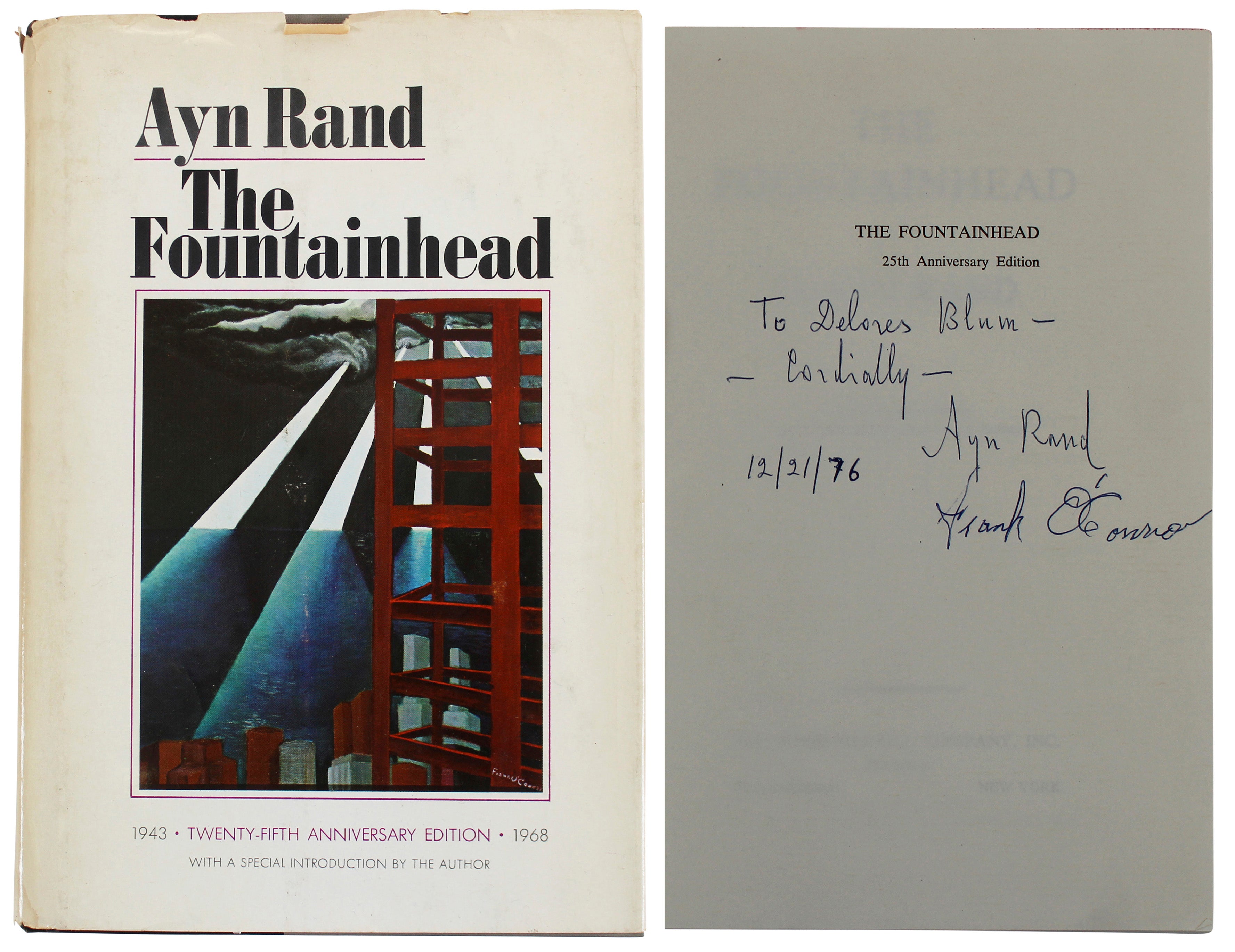 Ayn Rand Authentic Signed The Fountainhead 25th Anniversary Hard Cover Book BAS