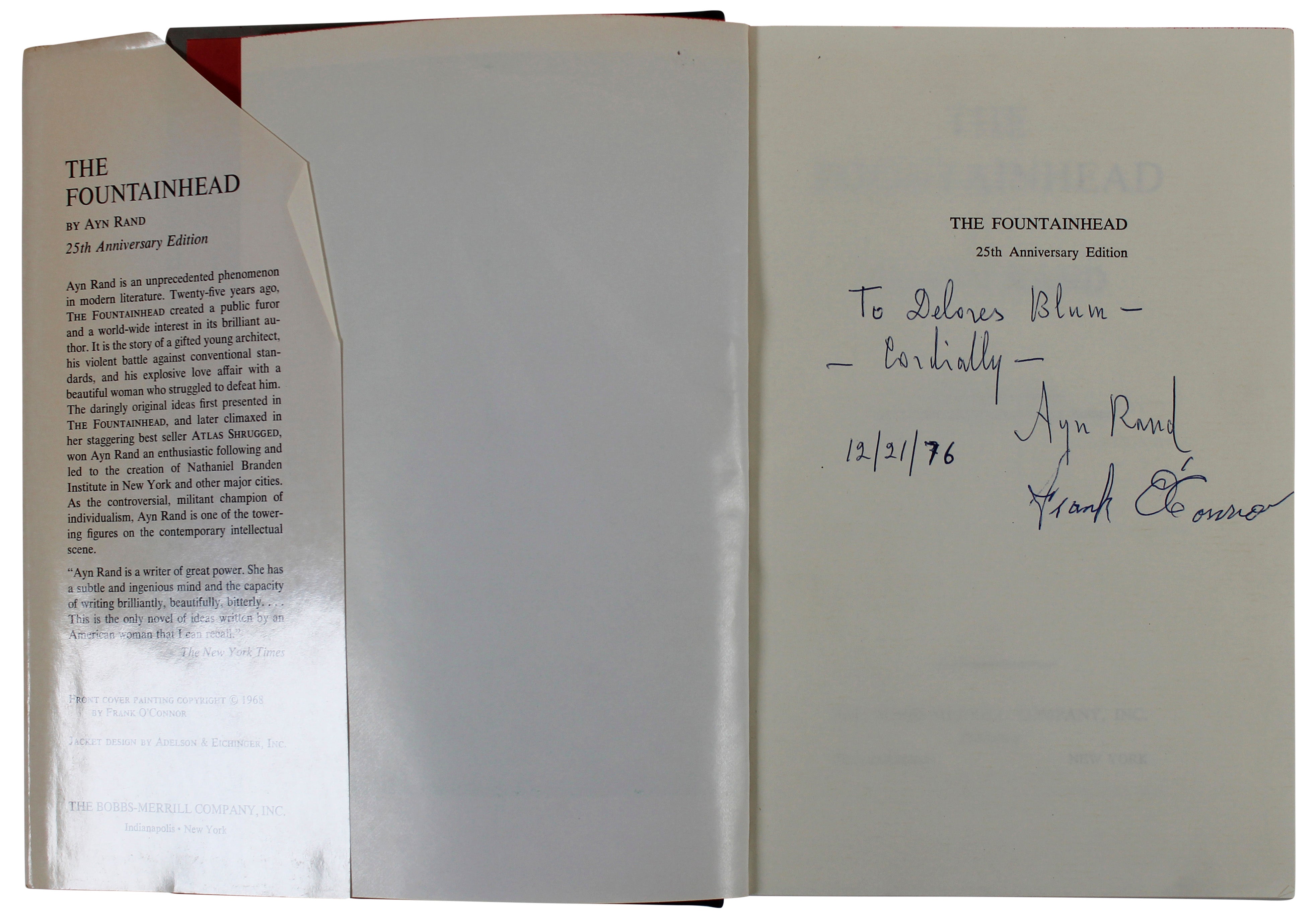 Ayn Rand Authentic Signed The Fountainhead 25th Anniversary Hard Cover Book BAS