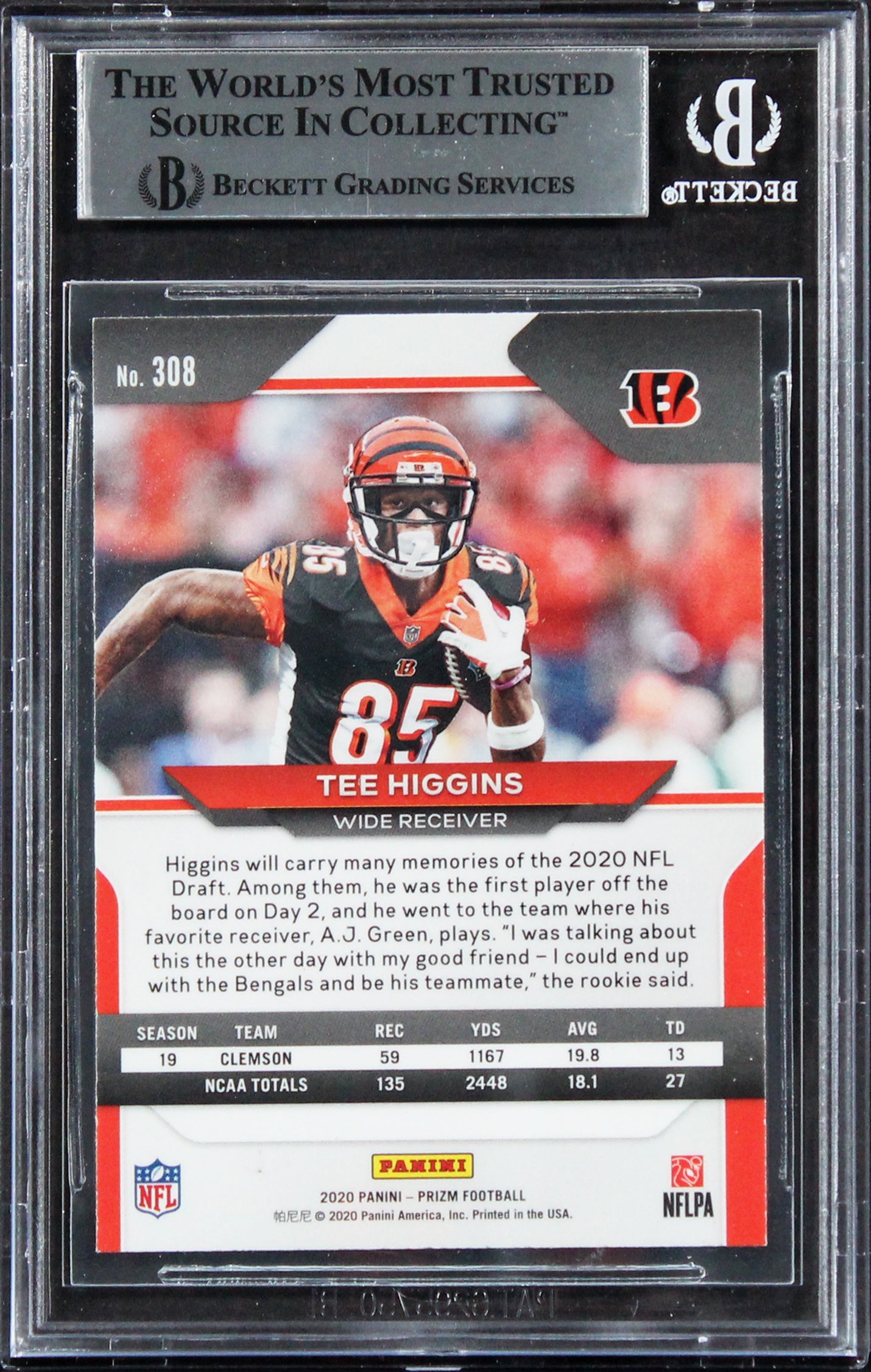 Bengals Tee Higgins Signed 2020 Panini Prizm #308A Rookie Card BAS Slabbed