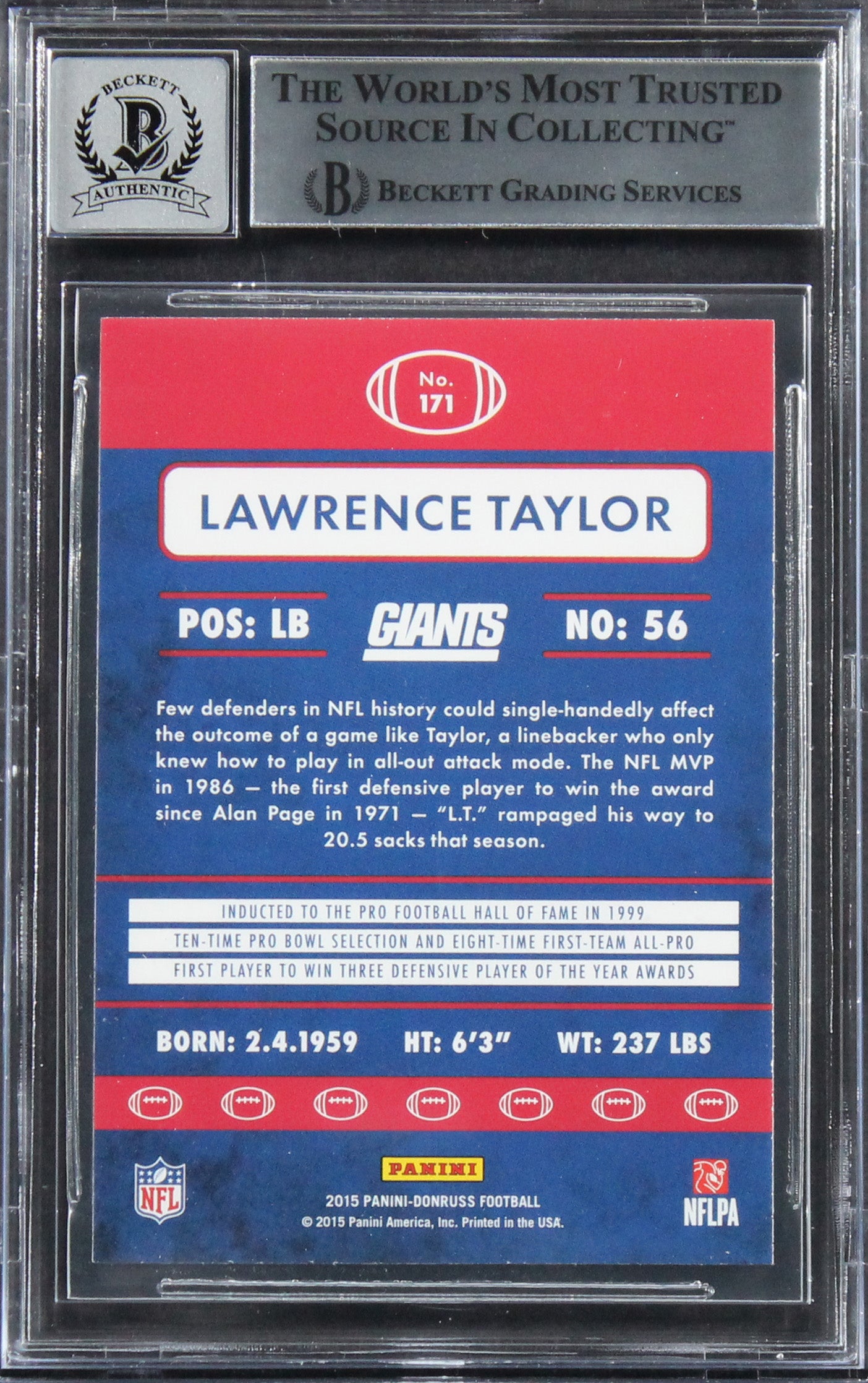 Giants Lawrence Taylor Authentic Signed 2015 Donruss #171 Card Auto 10! BAS Slab