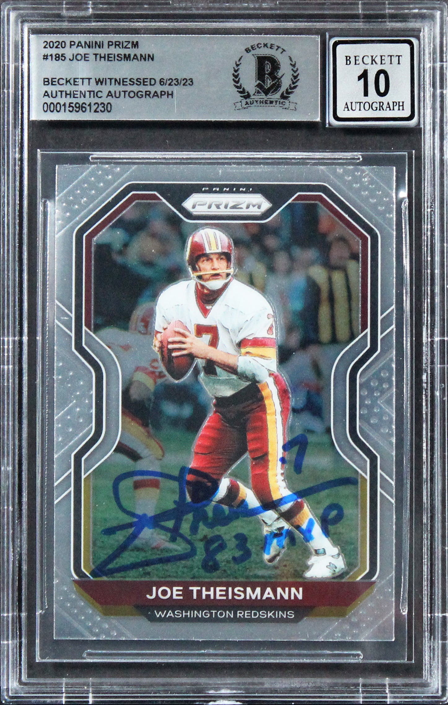 Commanders Joe Theismann Signed 2020 Panini Prizm #185 Card Auto 10! BAS Slabbed