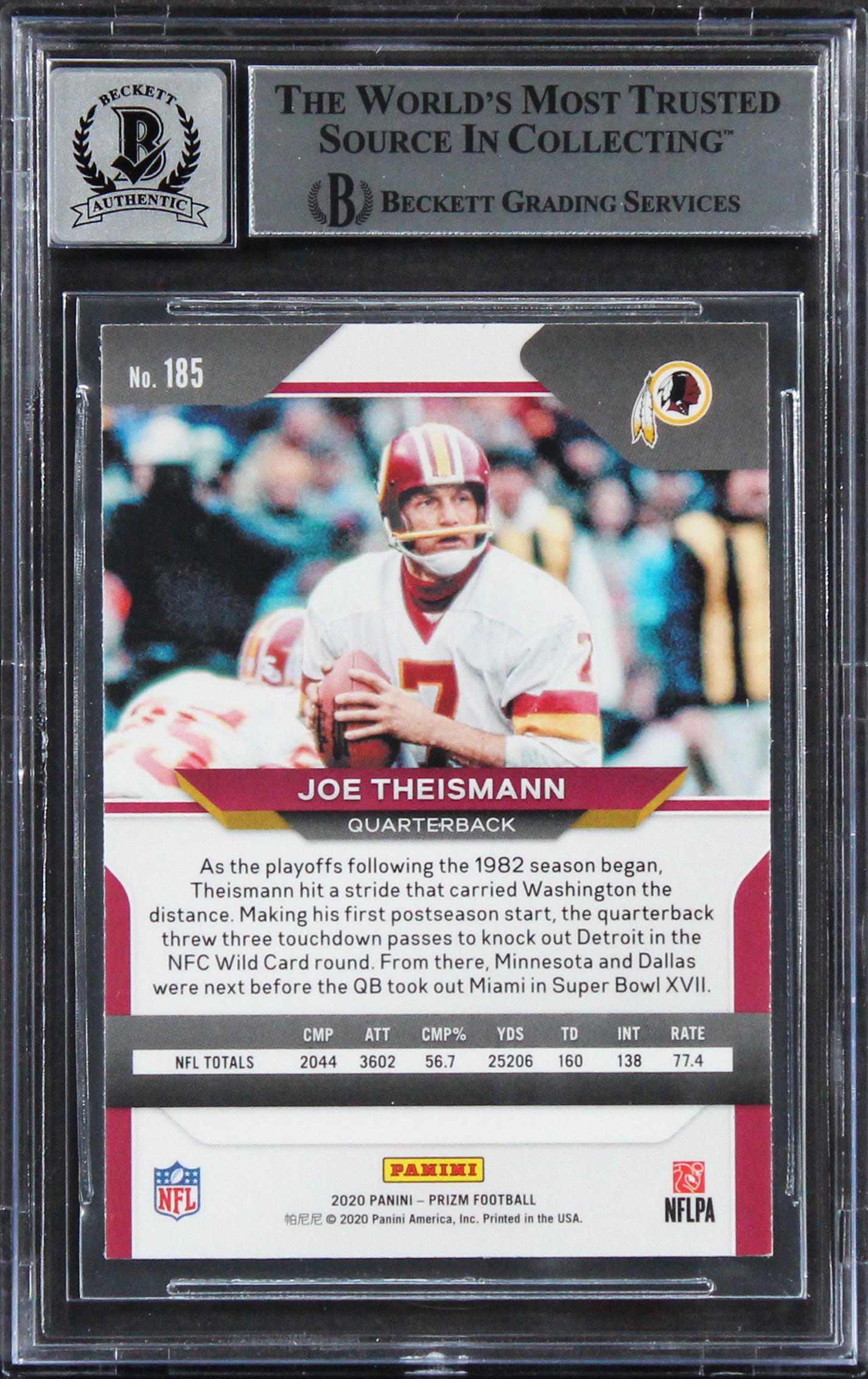 Commanders Joe Theismann Signed 2020 Panini Prizm #185 Card Auto 10! BAS Slabbed