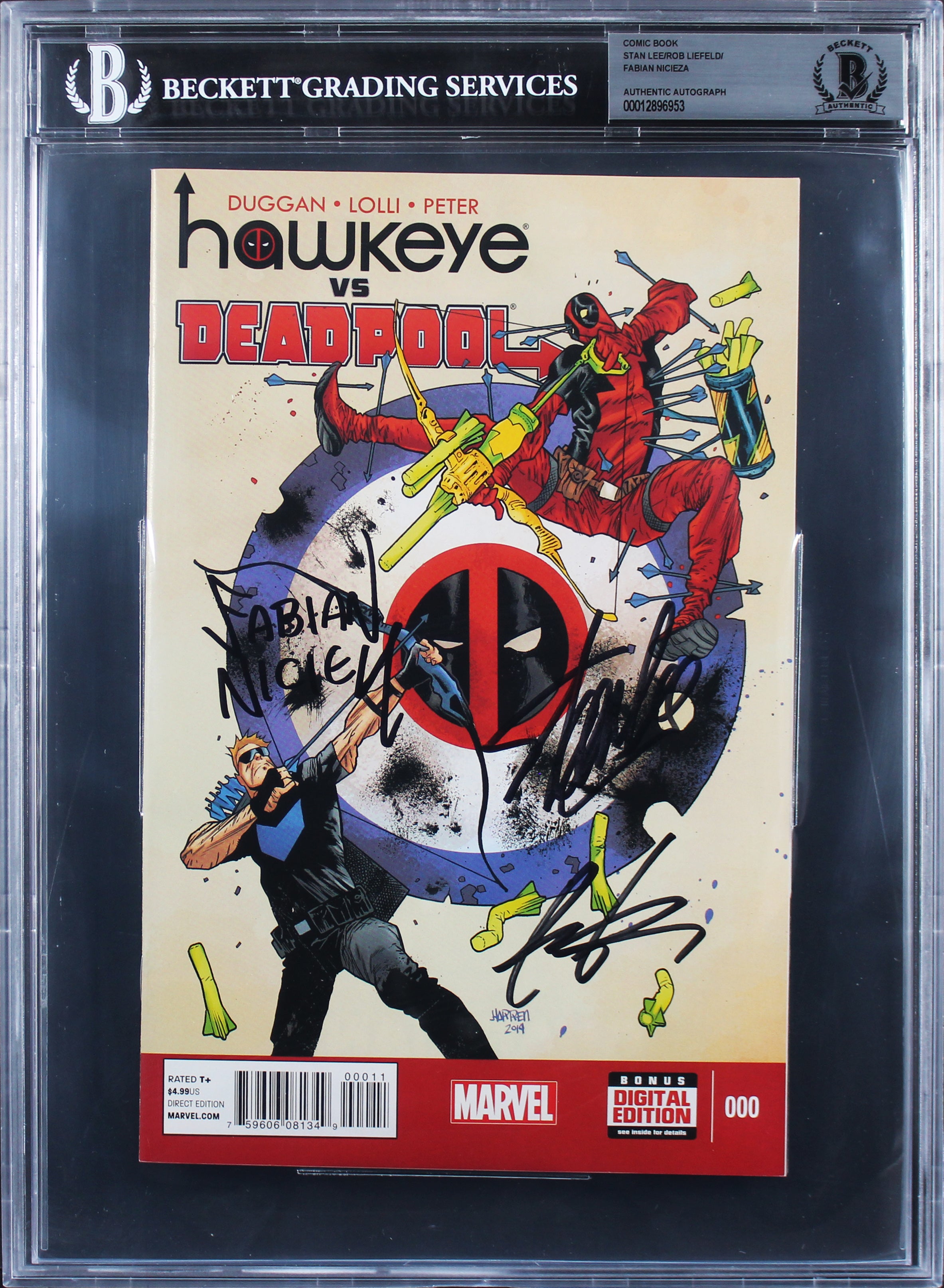 (3) Stan Lee, Liefeld & Nicieza Marvel Signed Hawkeye Vs Deadpool Comic BAS Slab