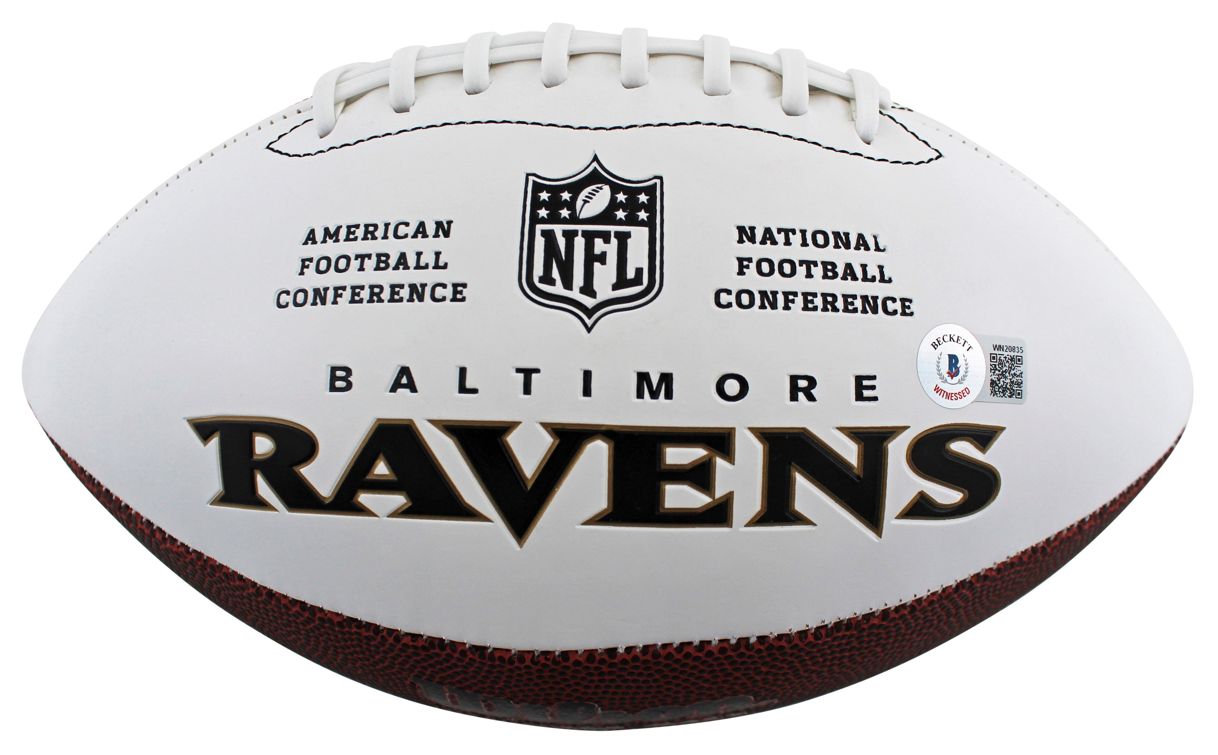 Ravens Deion Sanders Authentic Signed White Panel Logo Football BAS Witnessed