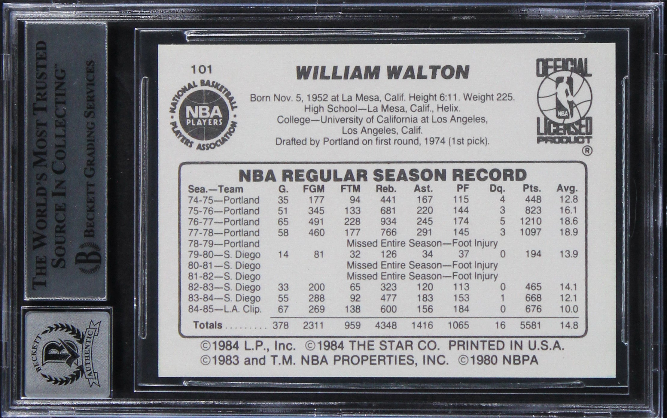 Celtics Bill Walton Authentic Signed 1985 Star #101G Green Card Auto 10 BAS Slab