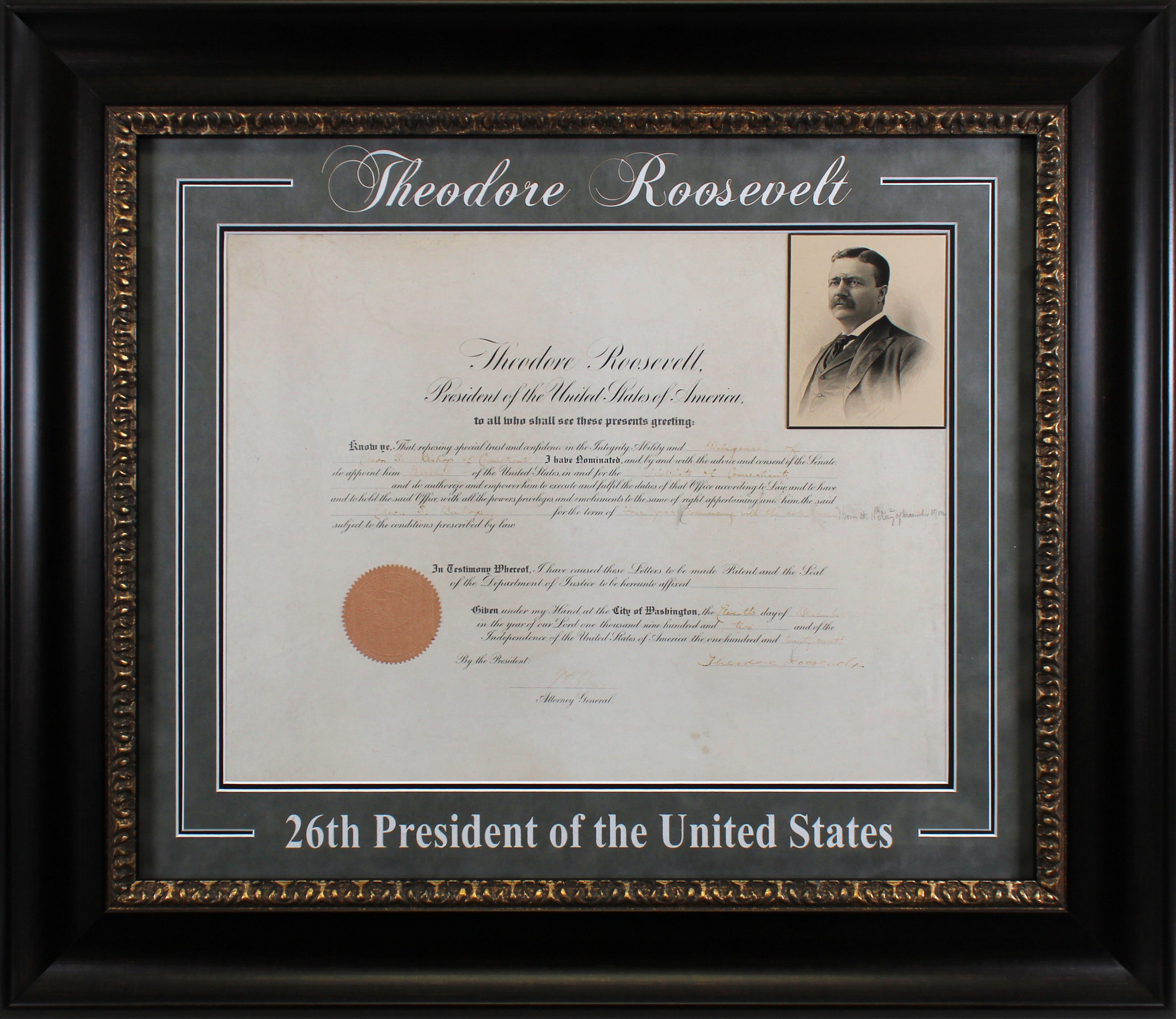 Theodore Roosevelt Authentic Signed & Framed 15x19 1902 Appointment Document BAS