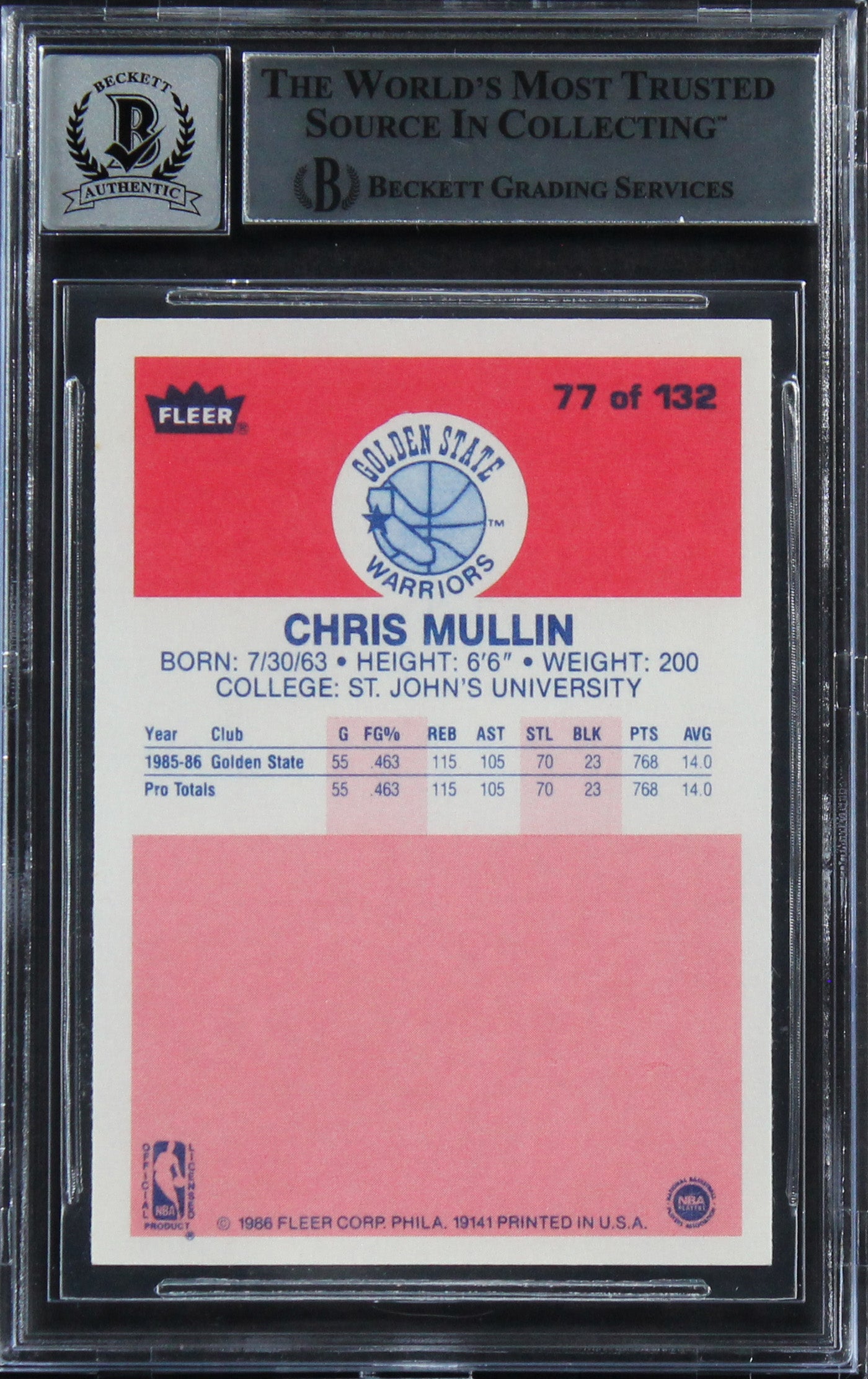 Warriors Chris Mullin "HOF 2011" Signed 1986 Fleer #77 RC Card Auto 10! BAS Slab