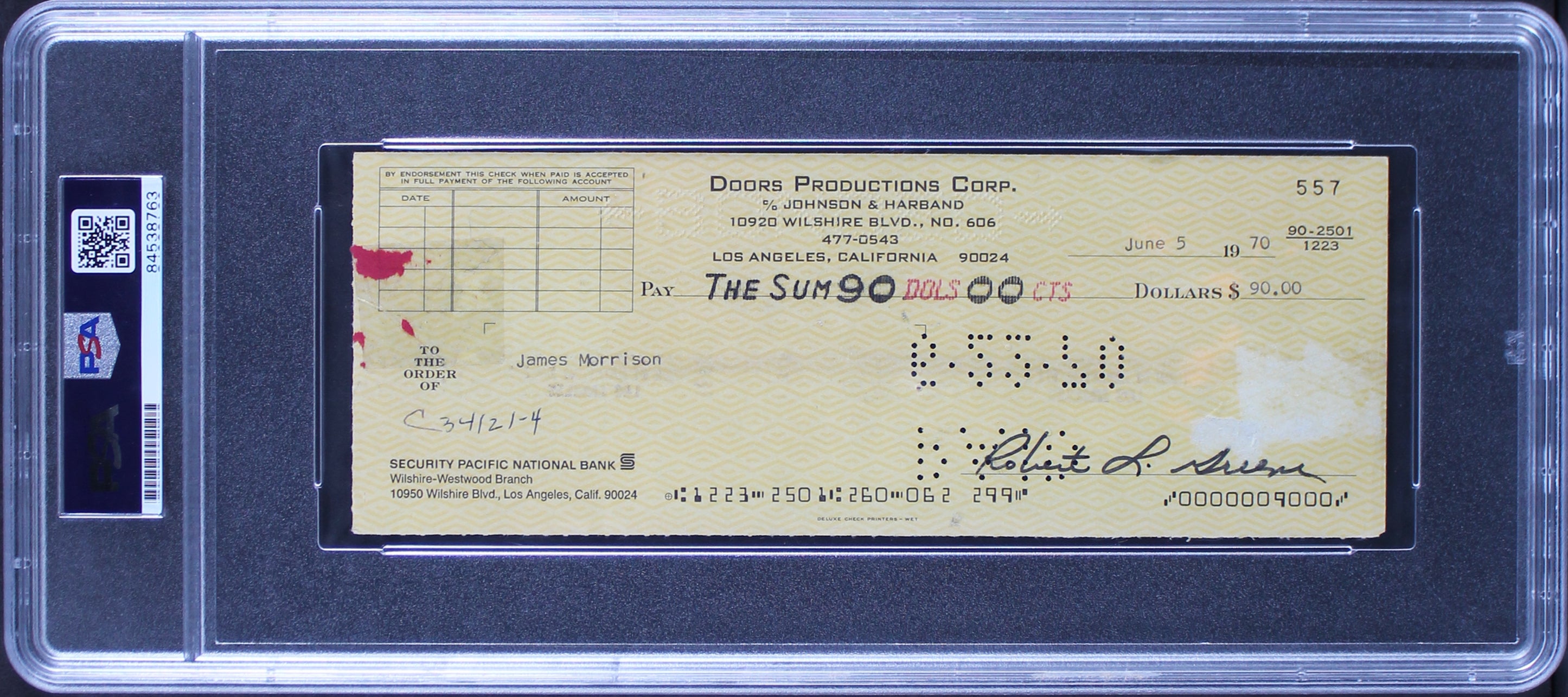 Jim Morrison Signed 3x8.25 1970 Doors Productions Corp Business Check PSA Slab