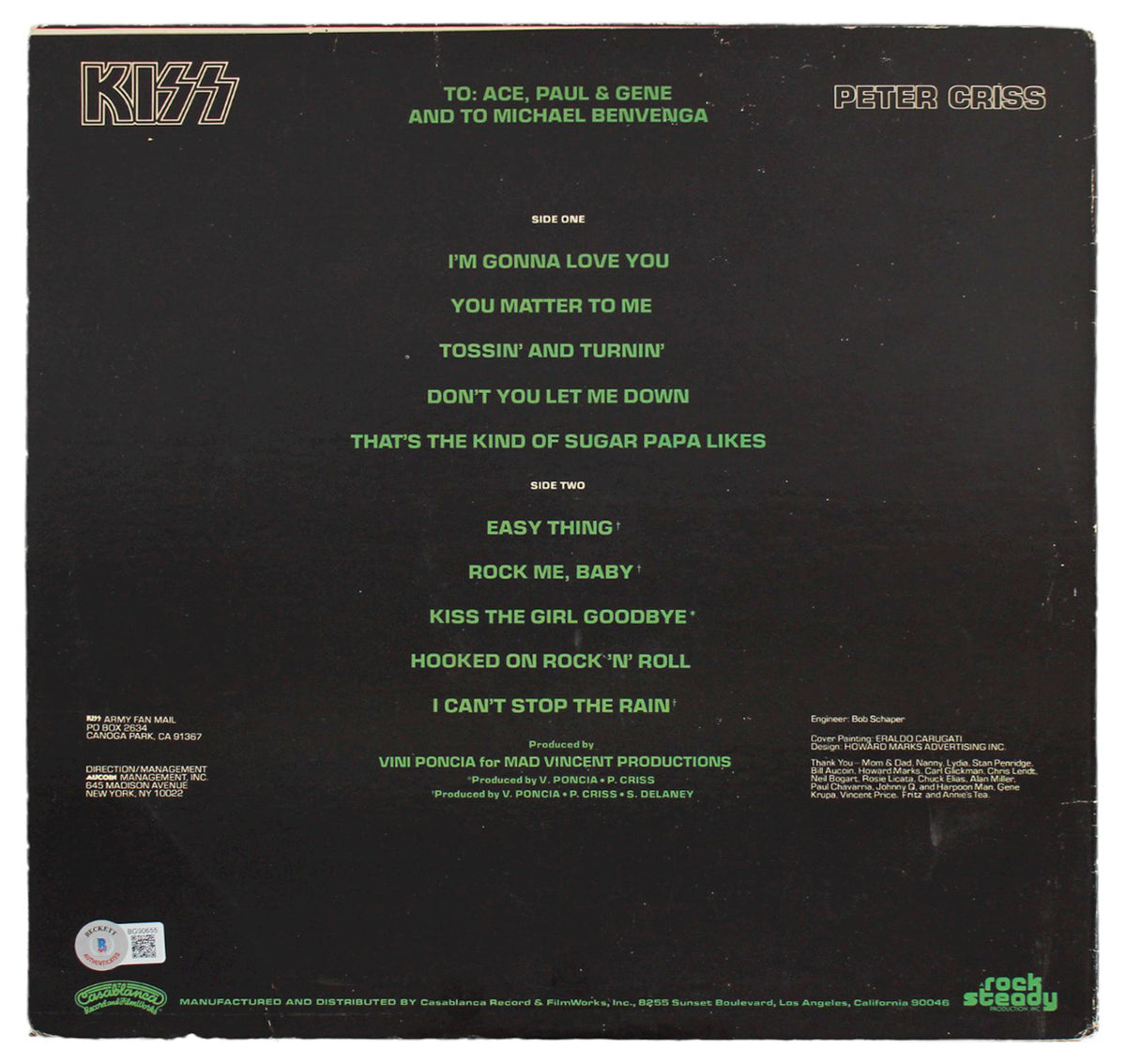 Peter Criss KISS Authentic Signed Album Cover Autographed BAS #BG90655
