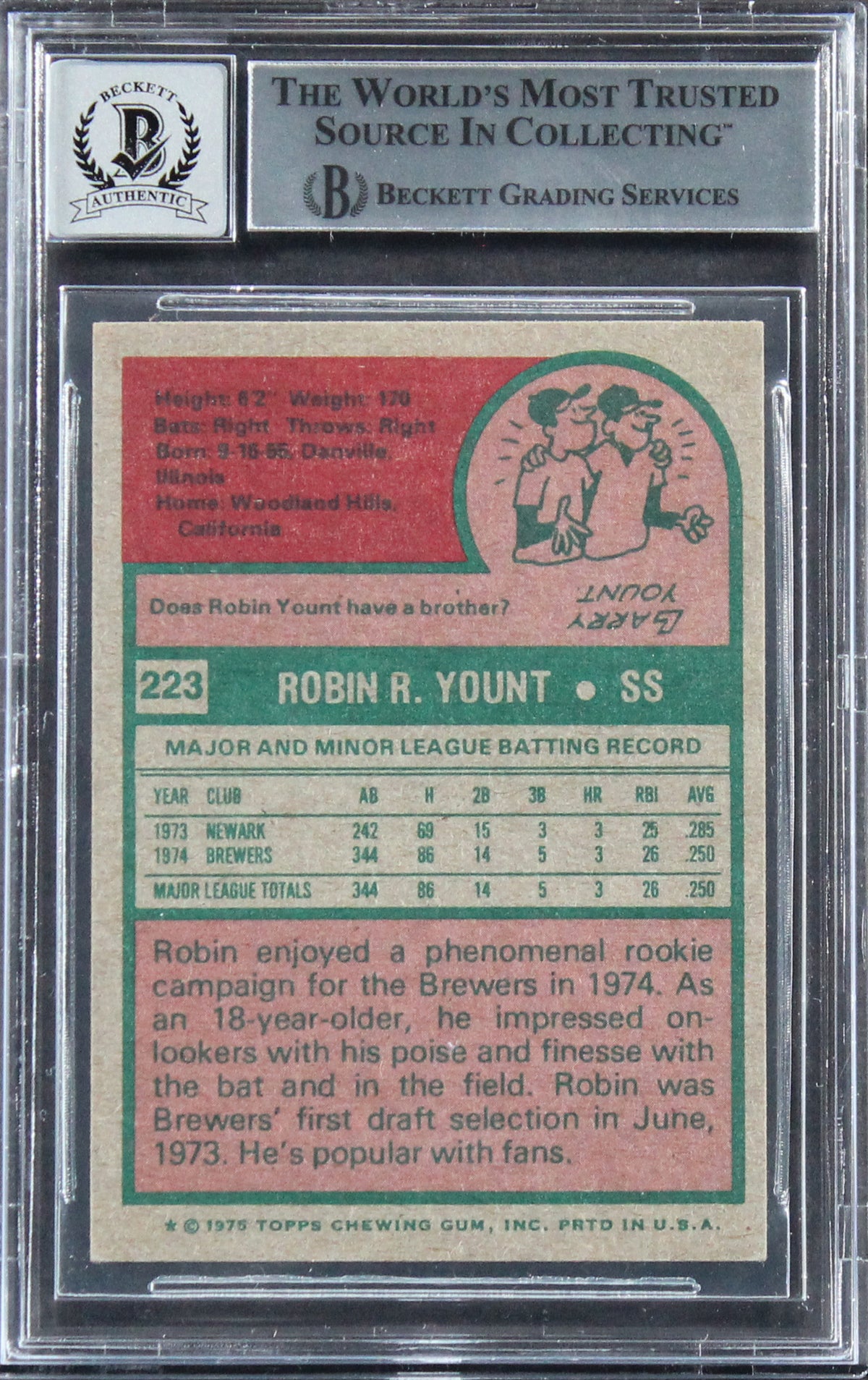 Brewers Robin Yount "HOF 99" Signed 1975 Topps #223 Rookie Card Auto 10 BAS Slab