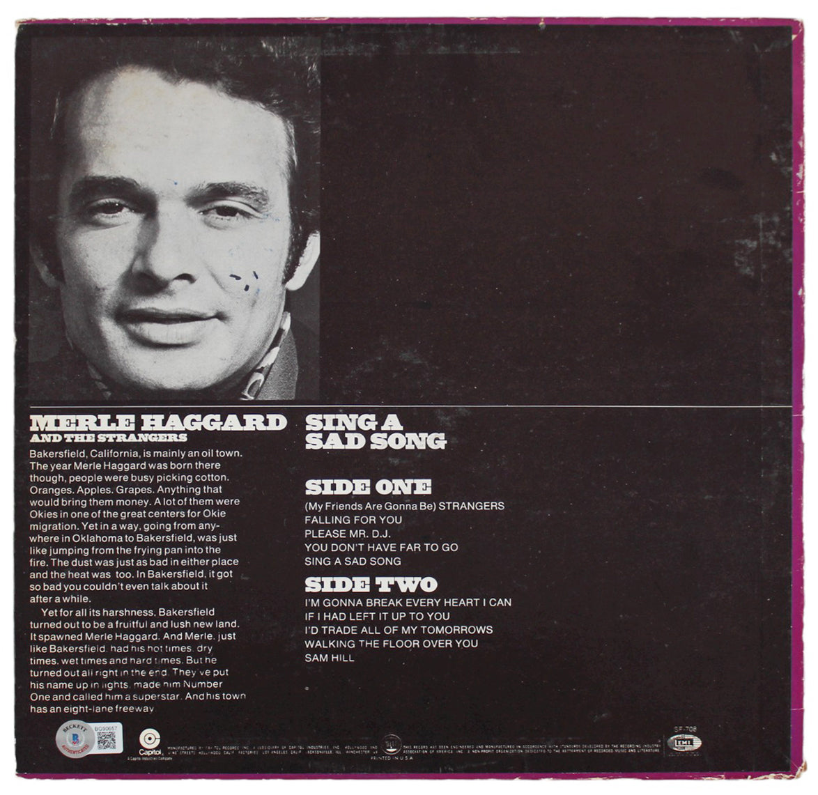 Merle Haggard Authentic Signed Sing A Song Album Cover Autographed BAS #BG90657