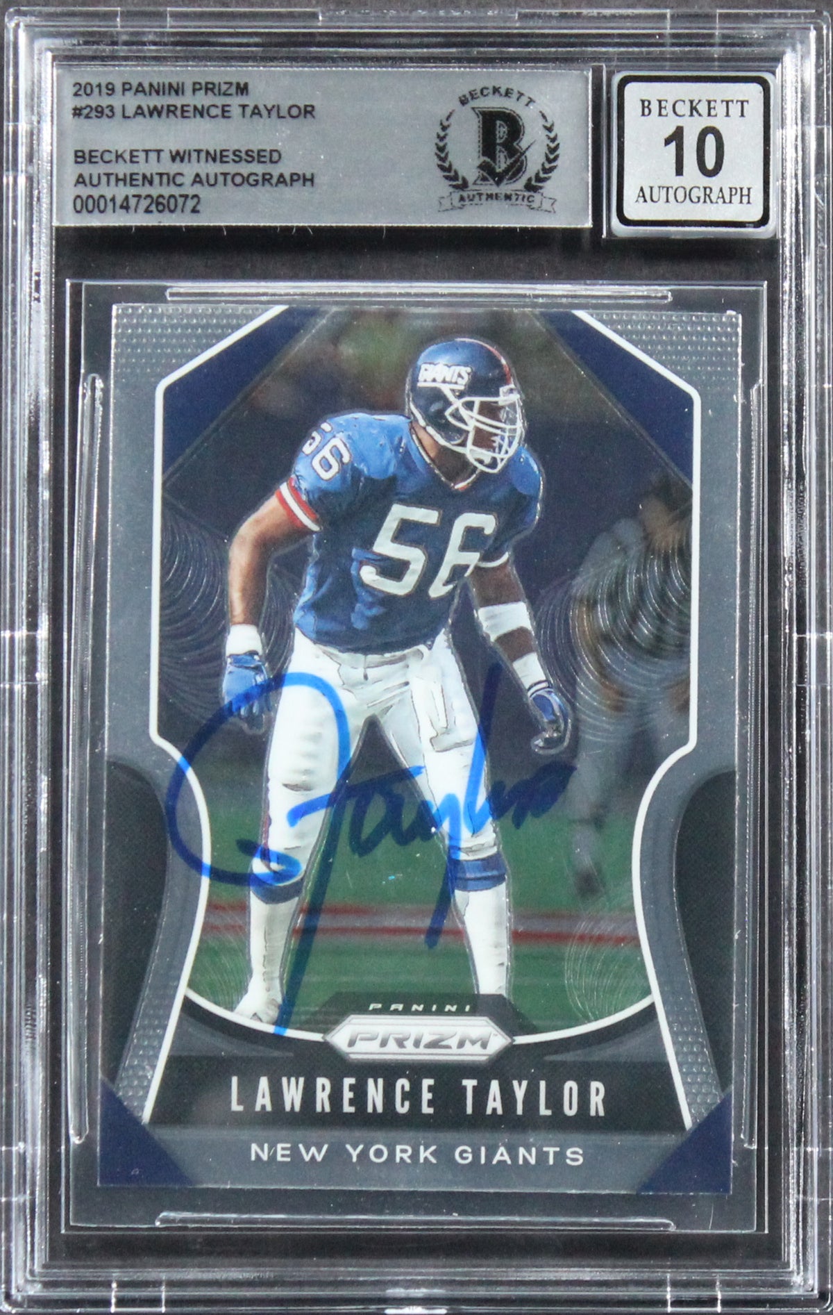 Giants Lawrence Taylor Signed 2019 Panini Prizm #293 Card Auto 10! BAS Slabbed