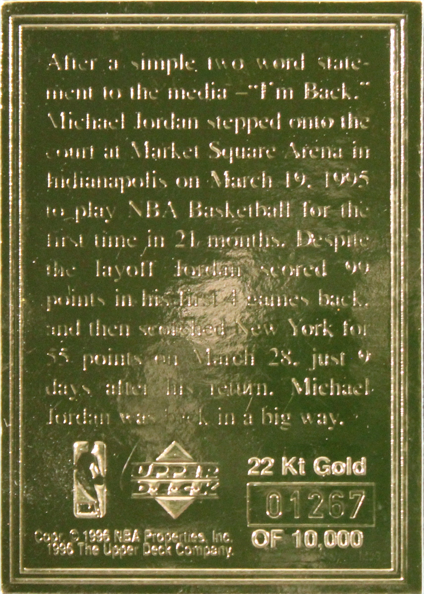 1996 Upper Deck Michael Jordan Career Collection #MJ3 1267/10000 22 Kt Gold Card