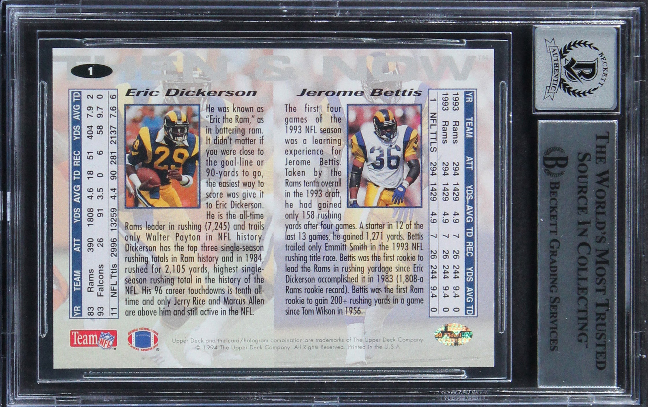Jerome Bettis & Eric Dickerson Signed 1994 CC T&N #1 Card Auto 10! BAS Slabbed