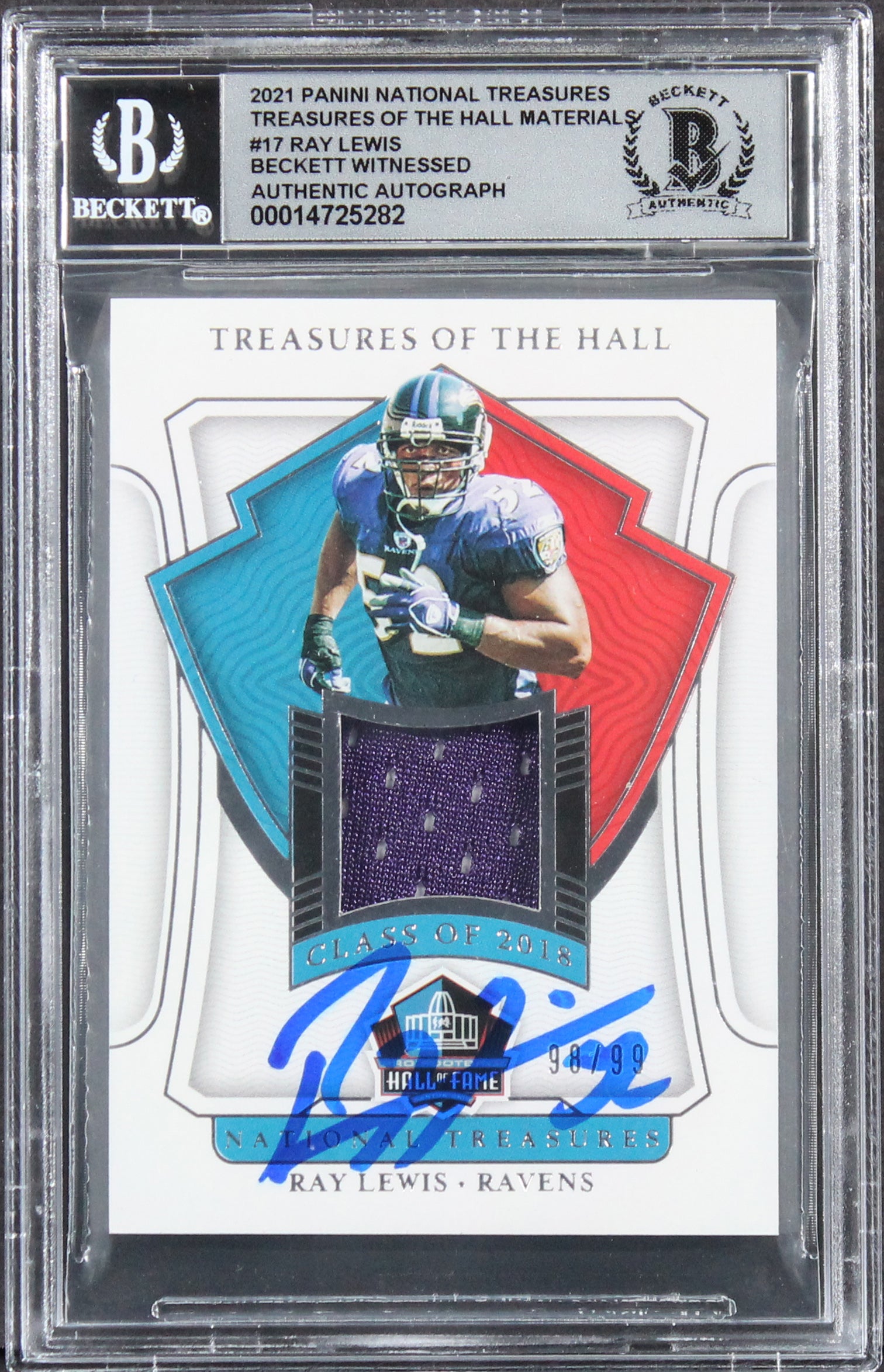 Ray Lewis Signed 2021 Panini National Treasures #17 #98/99 Card Auto 10 BAS Slab