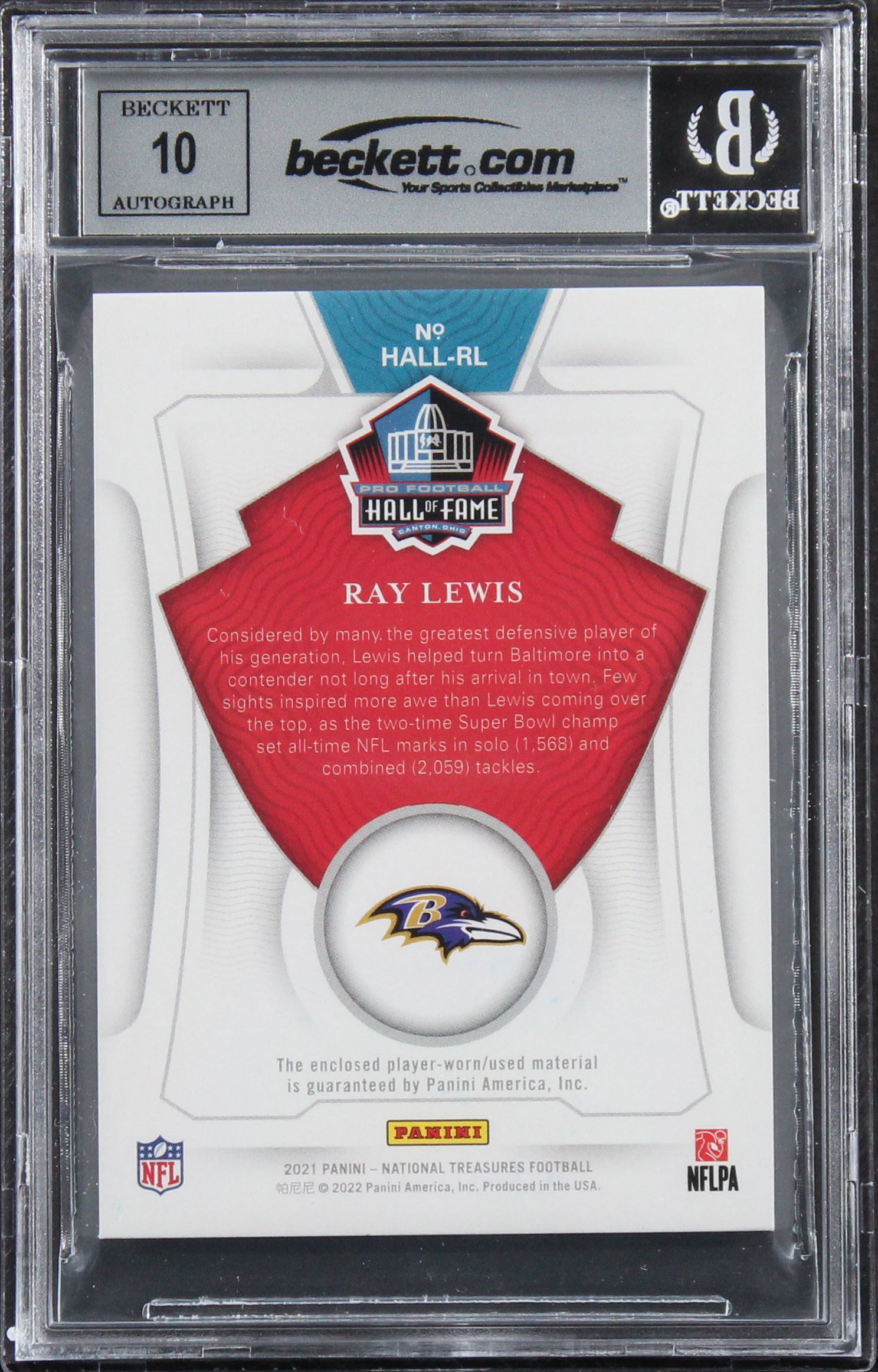 Ray Lewis Signed 2021 Panini National Treasures #17 #98/99 Card Auto 10 BAS Slab