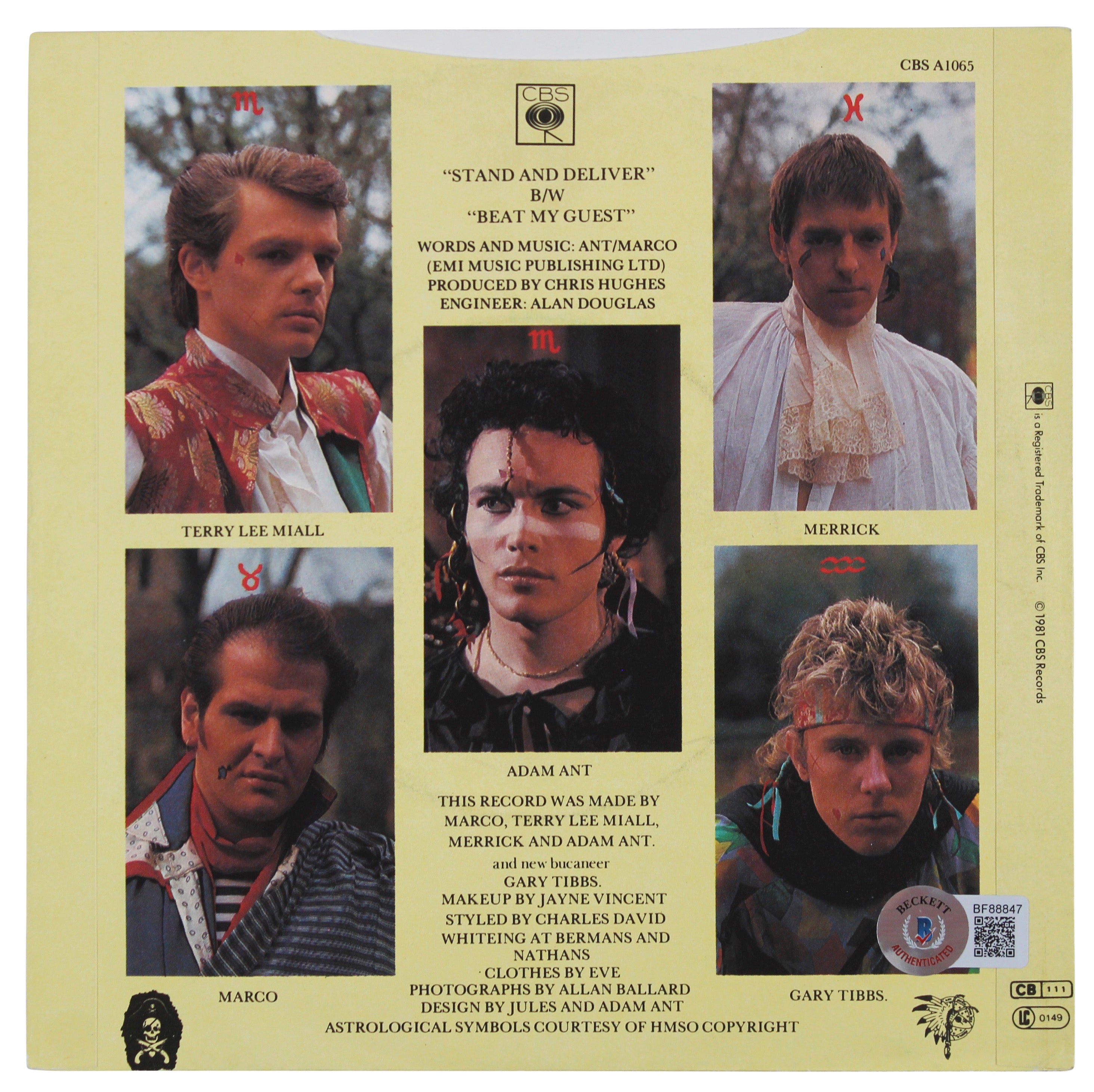 Adam Ant Authentic Signed Stand & Deliver 45 RPM Album Cover BAS #BF88847