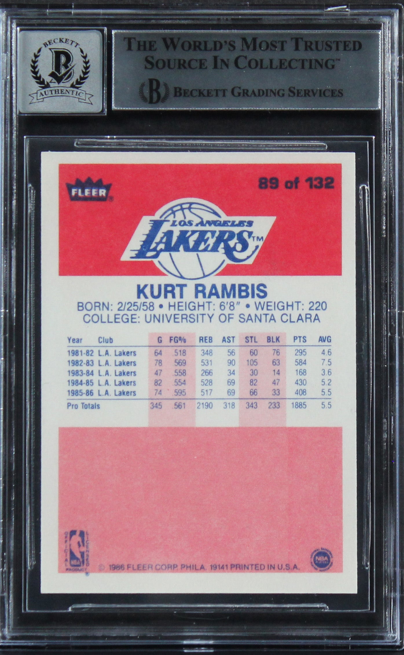 Lakers Kurt Rambis "2x Insc" Signed 1986 Fleer #89 Card Auto 10! BAS Slabbed