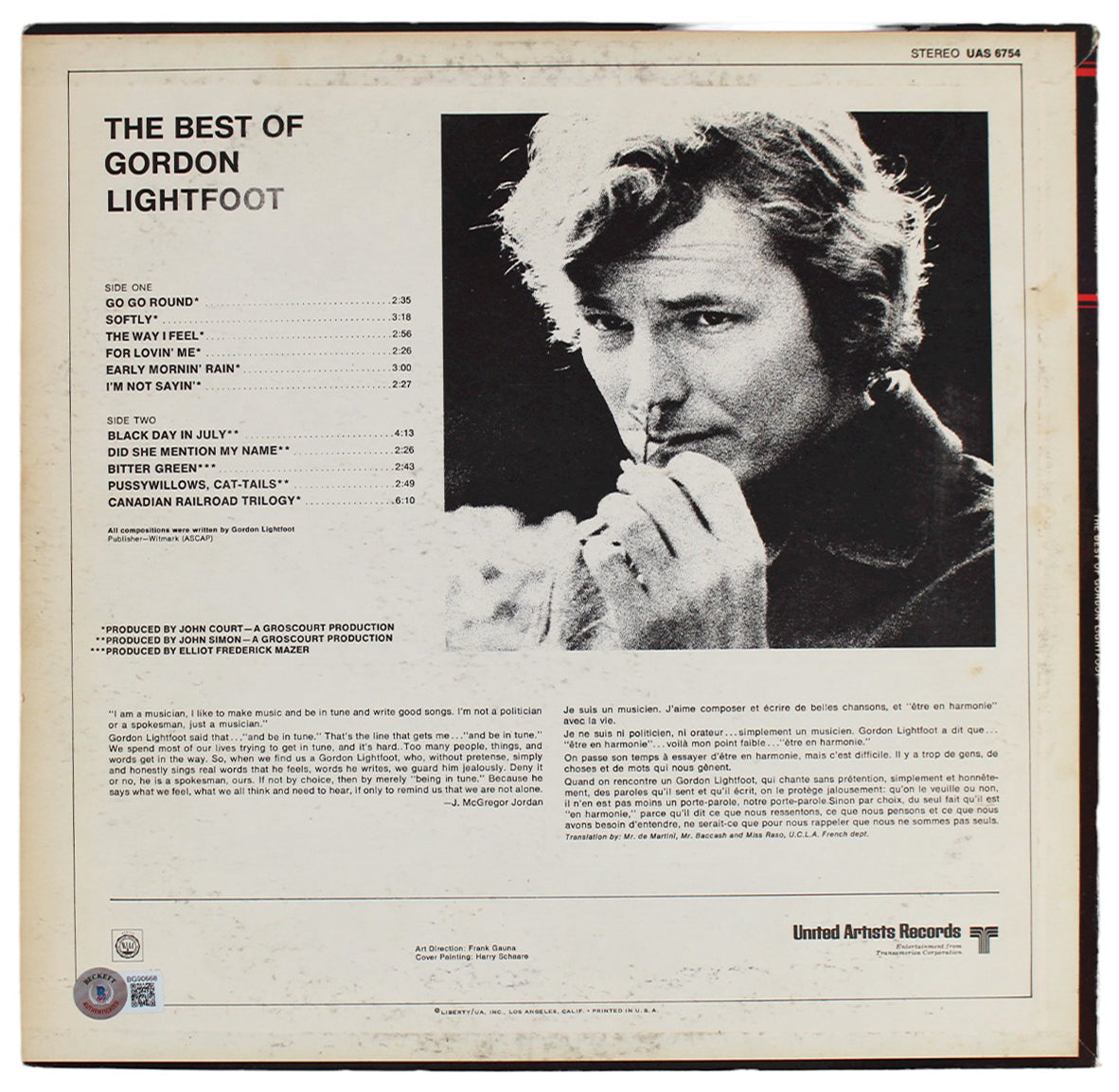 Gordon Lightfoot Authentic Signed the Best Of Album Cover BAS #BG90668