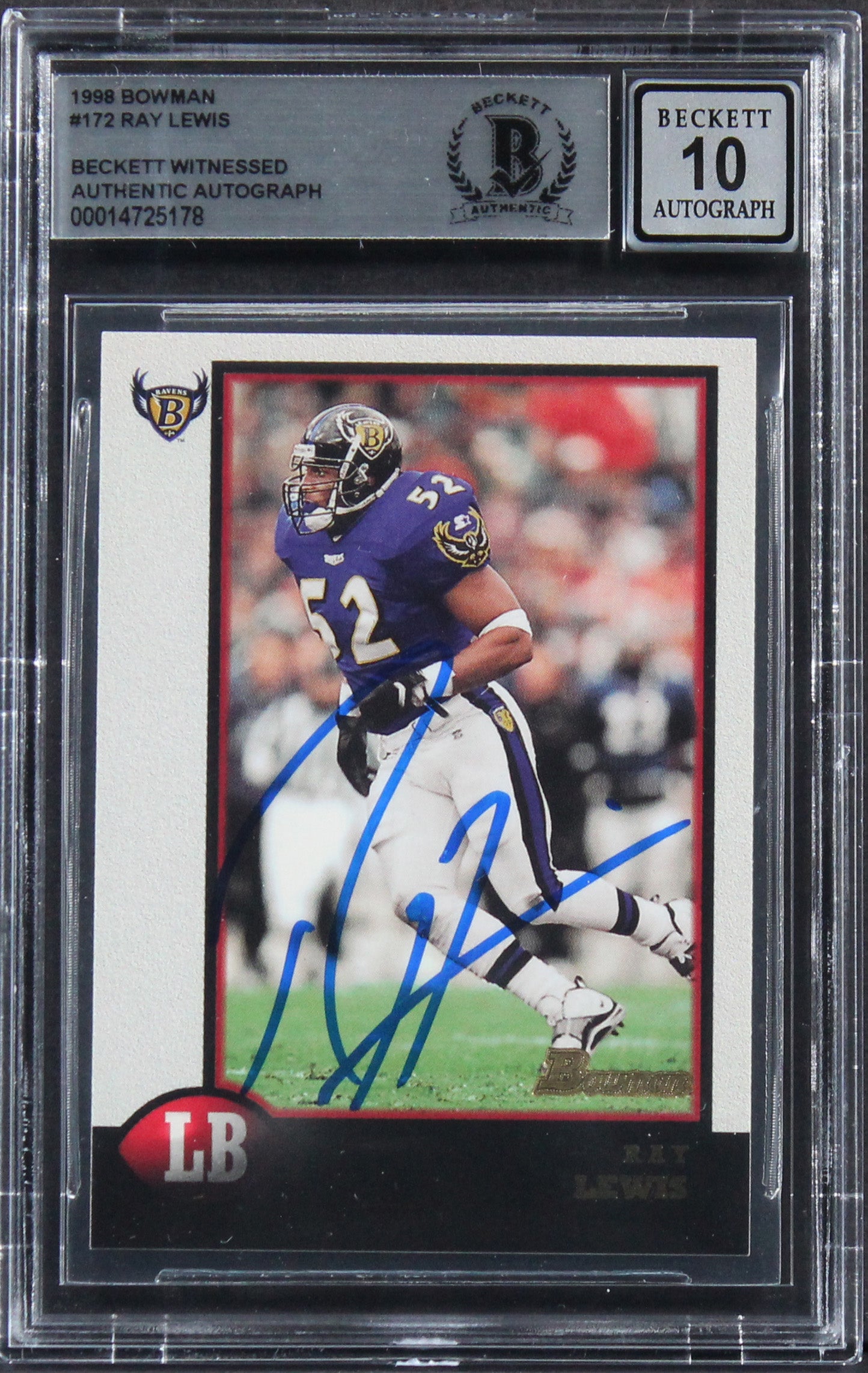 Ravens Ray Lewis Authentic Signed 1998 Bowman #172 Card Auto 10! BAS Slabbed