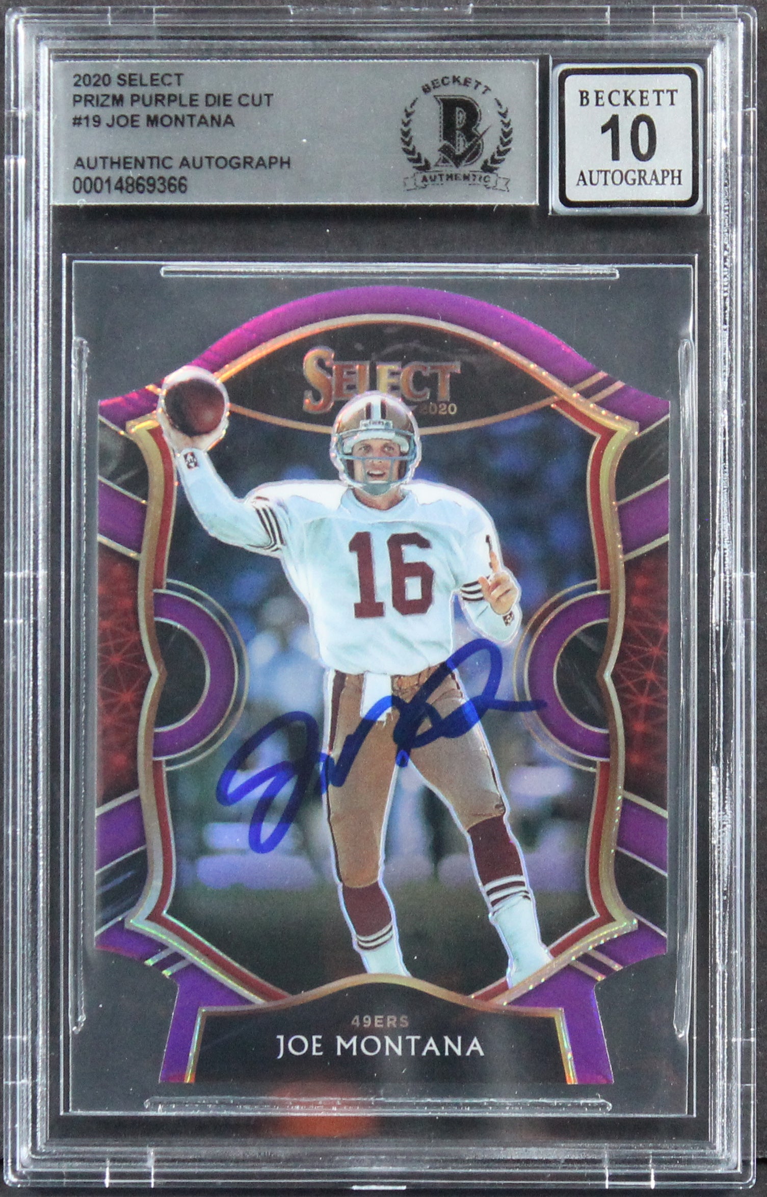 Joe Montana Signed 2020 Select Prizm Purple Die Cut #19 Card Auto 10! BAS Slab