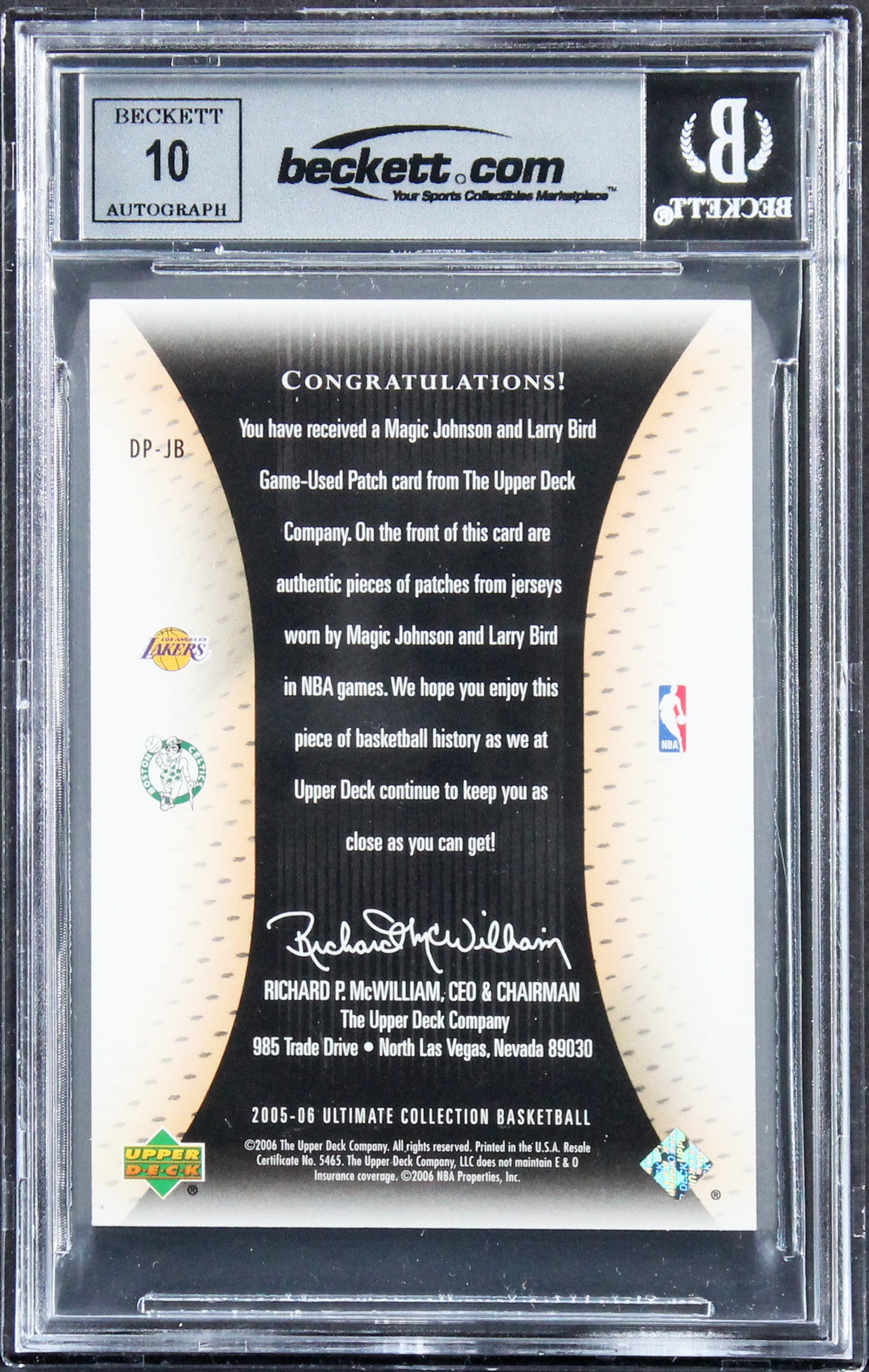 Magic Johnson & Larry Bird Signed 2005 Ultimate Patches DPJB 38/40 Card BAS Slab